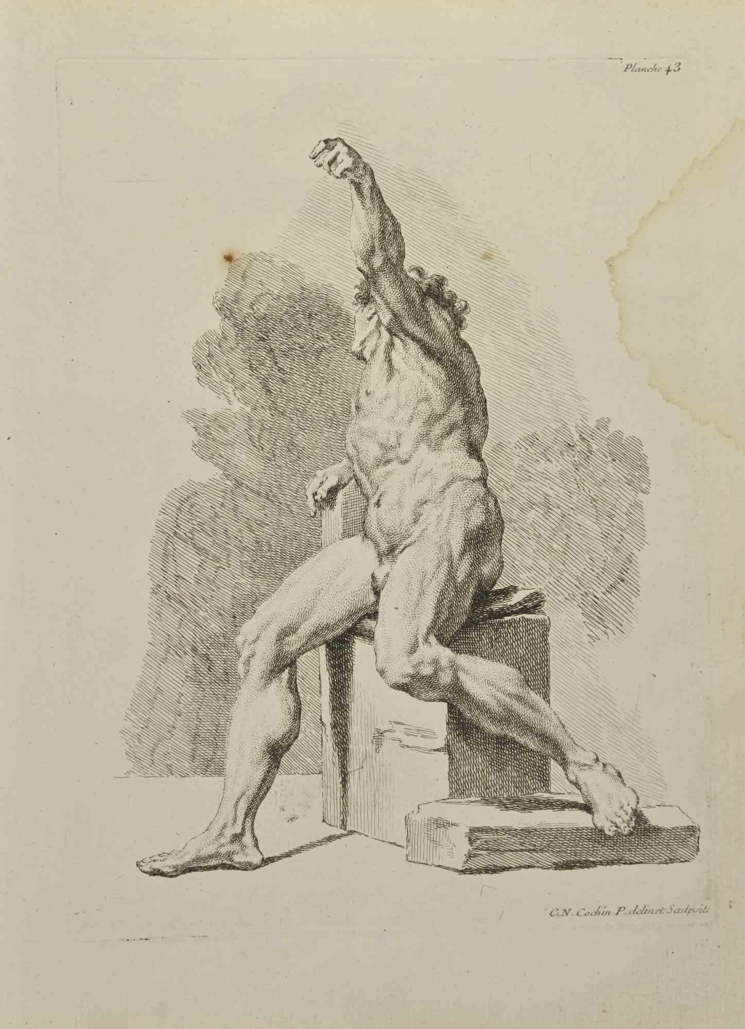 Anatomie-Studien ist eine Radierung von Nicholas Cochin aus dem Jahr 1755.

Guter Zustand mit Stockflecken und Falten.

In der Platte signiert.

Das Kunstwerk wird mit sicheren Strichen dargestellt.

Die Radierung wurde für die Anatomie-Studie