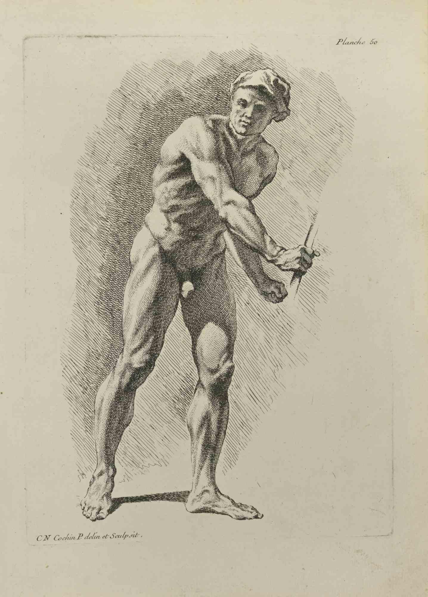 Anatomie-Studien ist eine Radierung von Nicholas Cochin aus dem Jahr 1755.

Guter Zustand mit leichten Stockflecken.

In der Platte signiert.

Das Kunstwerk wird mit sicheren Strichen dargestellt.

Die Radierung wurde für die Anatomie-Studie