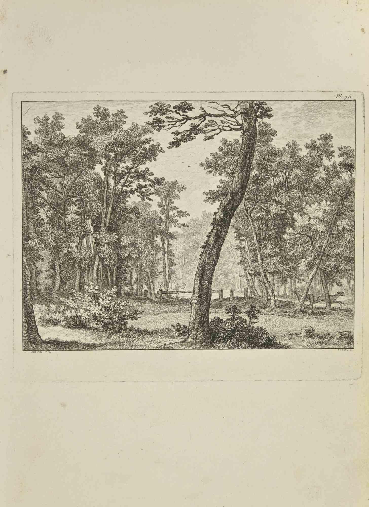Paysage est une eau-forte réalisée par Nicholas Cochin en 1755.

Bonnes conditions.

L'œuvre d'art est représentée par des traits assurés.

La gravure a été réalisée pour l'étude d'anatomie "JOMBERT, Charles-Antoine (1712-1784) - Méthode pour