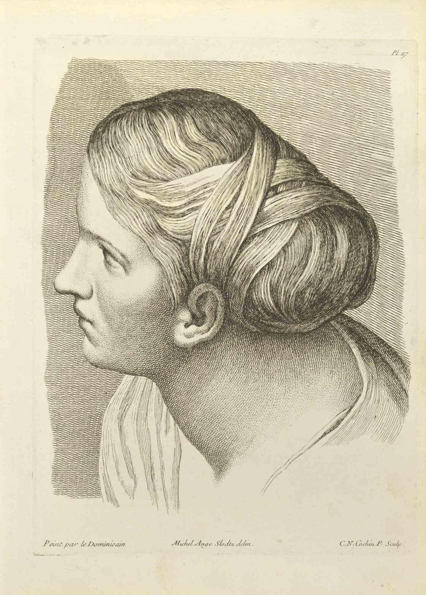 Portrait after Domenichino is an etching realized by Nicholas Cochin in 1755.

Good conditions.

signed on plate.

The artwork is depicted through confident strokes.

The etching was realized for the anatomy study “JOMBERT, Charles-Antoine