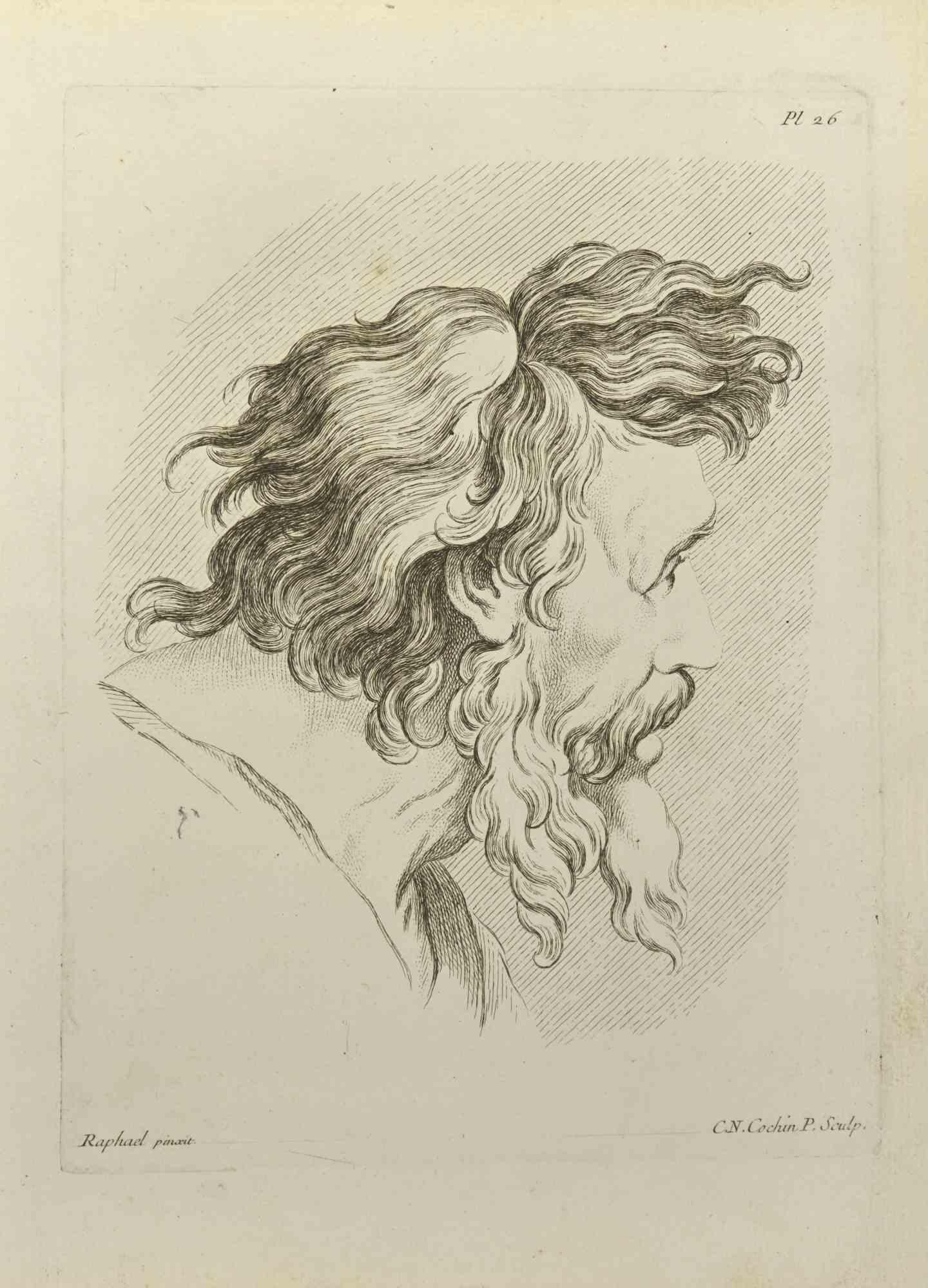 Portrait After Raphael is an etching realized by Nicholas Cochin in 1755.

Good conditions.

Signed in plate.

The artwork is depicted through confident strokes.

The etching was realized for the anatomy study “JOMBERT, Charles-Antoine (1712-1784) -