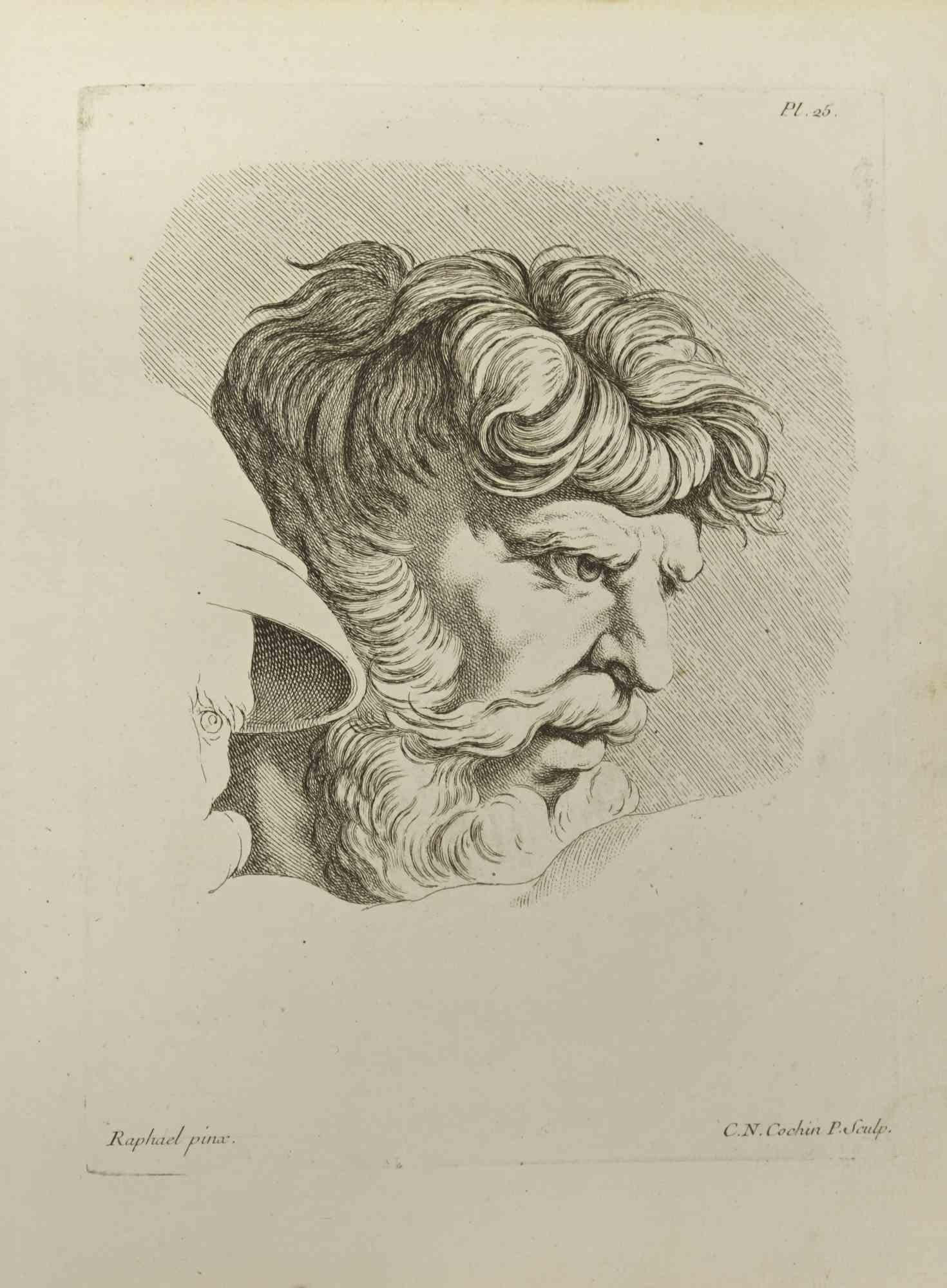 Portrait after Raphael is anetching realized by Nicholas Cochin in 1755.

Good conditions.

Signed in plate.

The artwork is depicted through confident strokes.

The etching was realized for the anatomy study “JOMBERT, Charles-Antoine (1712-1784) -