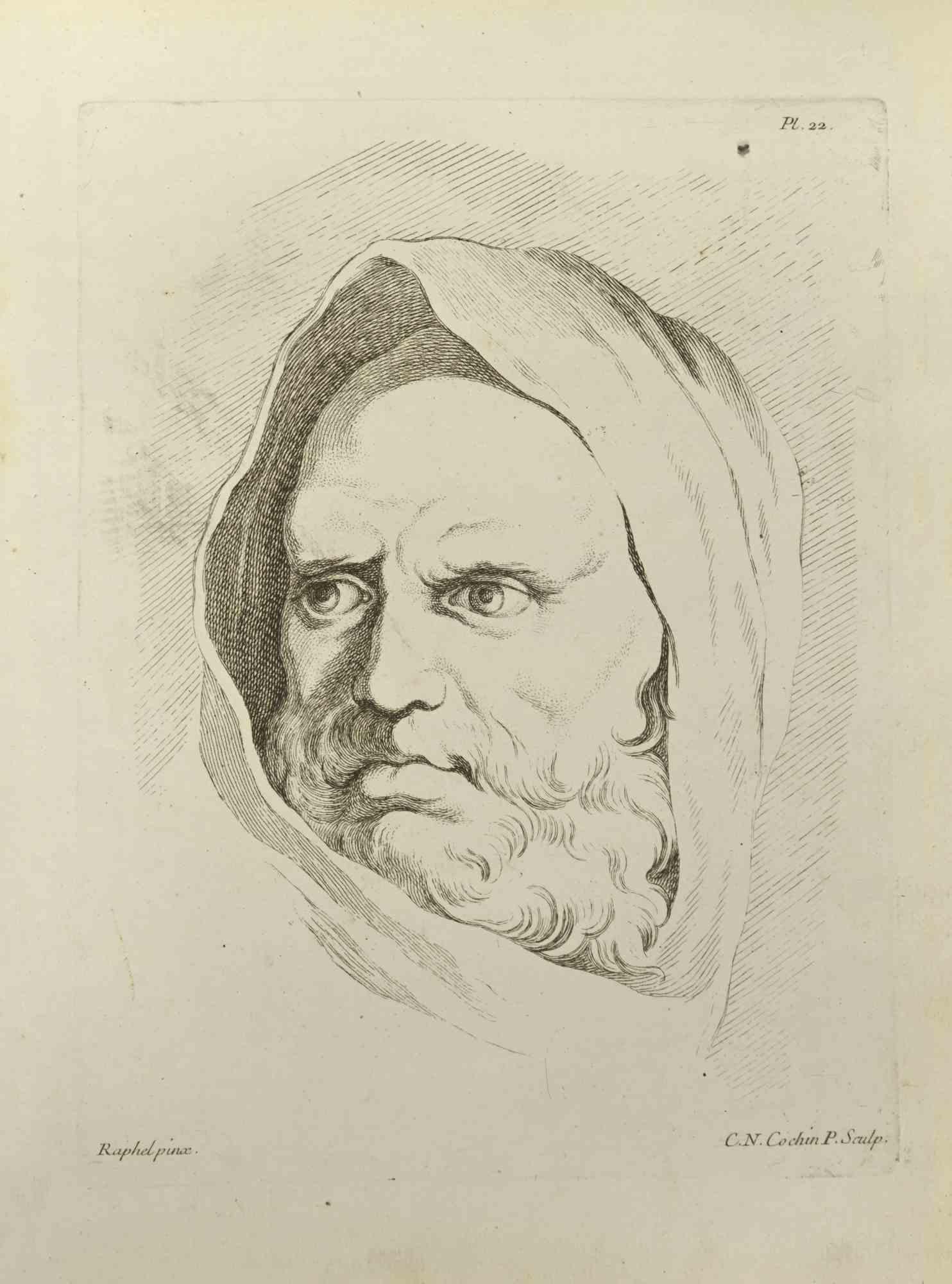 Portrait after Raphael is an etching realized by Nicholas Cochin in 1755.

Signed in the plate.

Good conditions with foxing.

The artwork is depicted through confident strokes.

The etching was realized for the anatomy study “JOMBERT,