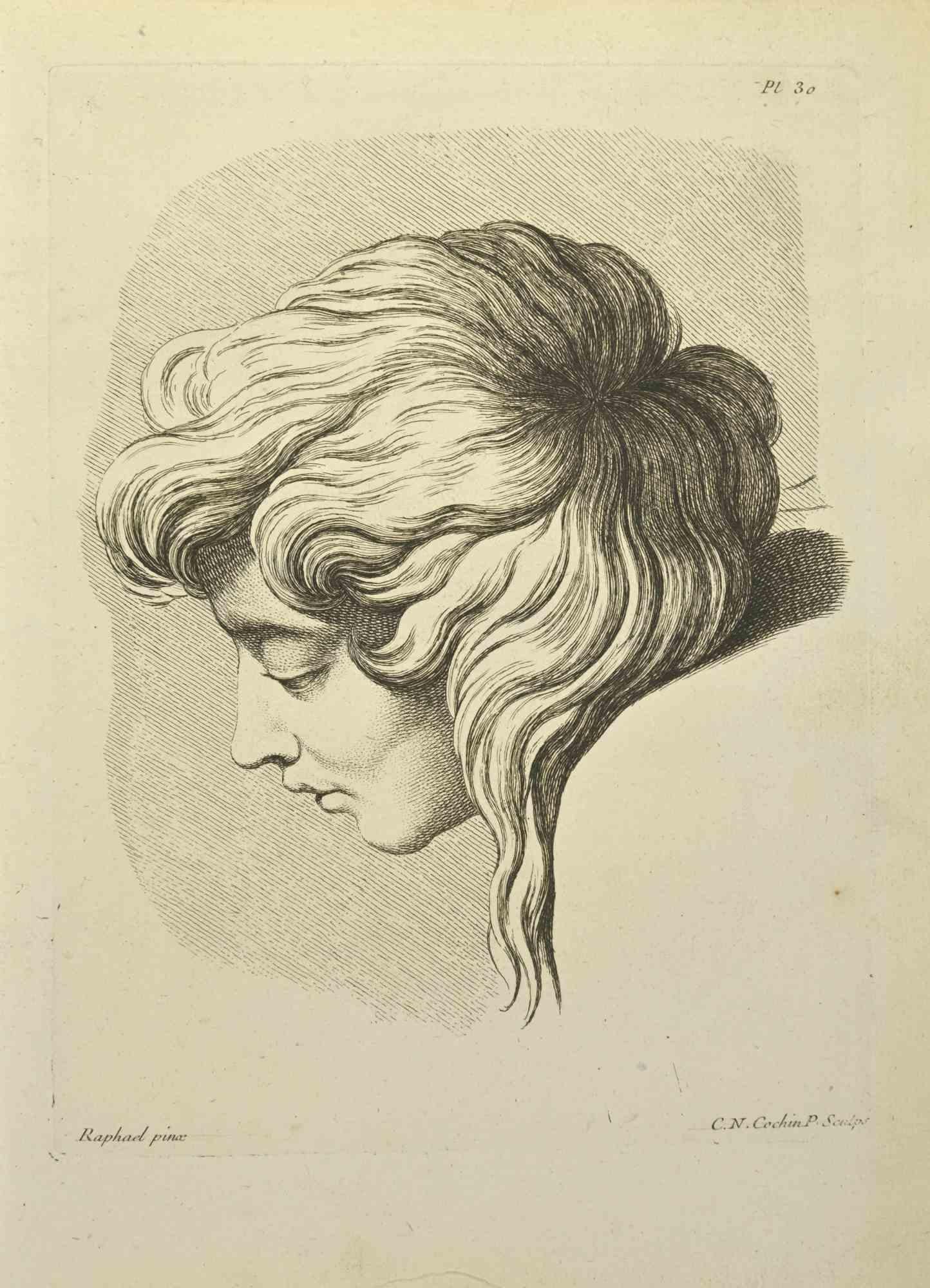 Portrait after Raphael is an etching realized by Nicholas Cochin in 1755.

Signed on the plate.

Good conditions.

The artwork is depicted through confident strokes.

The etching was realized for the anatomy study “JOMBERT, Charles-Antoine
