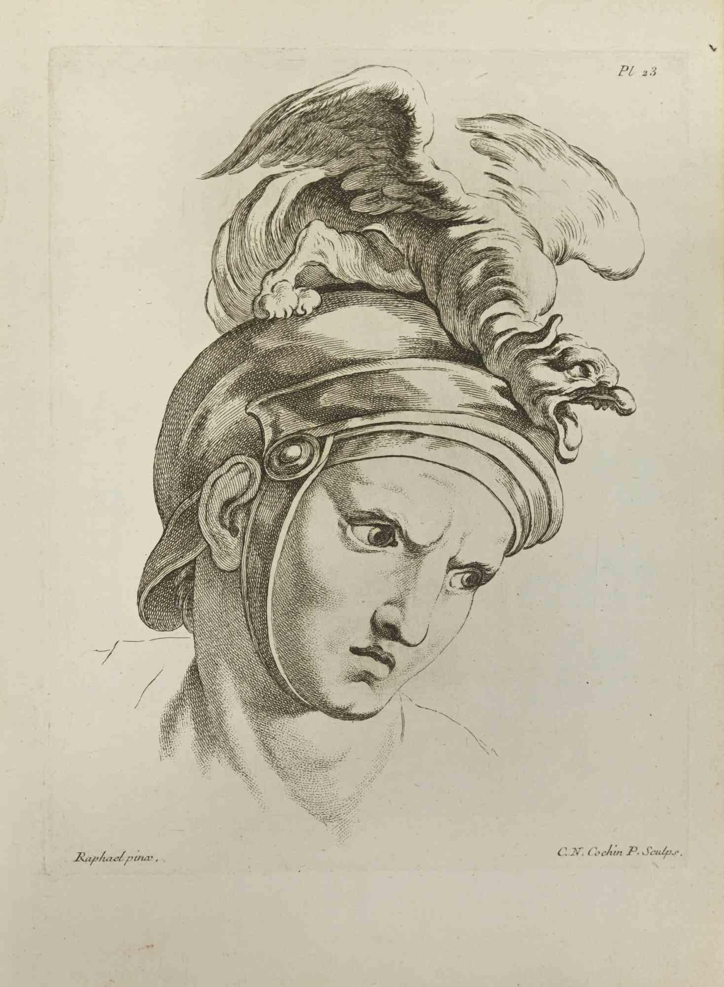 Das Porträt nach Raphael ist eine Radierung von Nicholas Cochin aus dem Jahr 1755.

In der Platte signiert.

Guter Zustand mit Stockflecken und Falten.

Das Kunstwerk wird mit sicheren Strichen dargestellt.

Die Radierung wurde für die