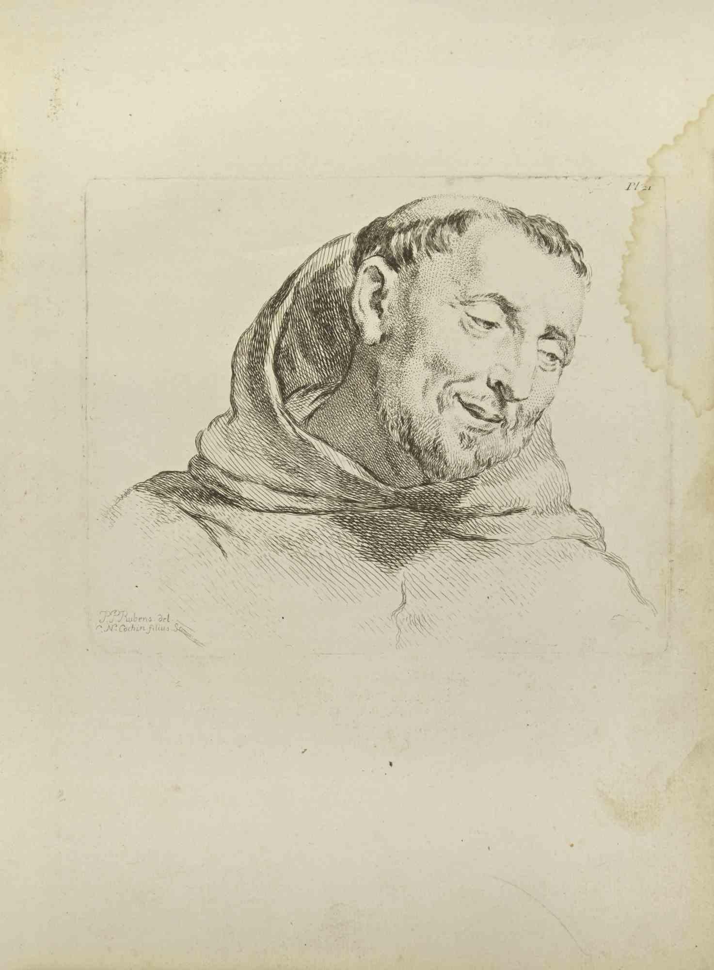 Portrait after Rubens is an etching realized by Nicholas Cochin in 1755.

Signed in the plate.

Good conditions with foxing and a stain on the right margin.

The artwork is depicted through confident strokes.

The etching was realized for the