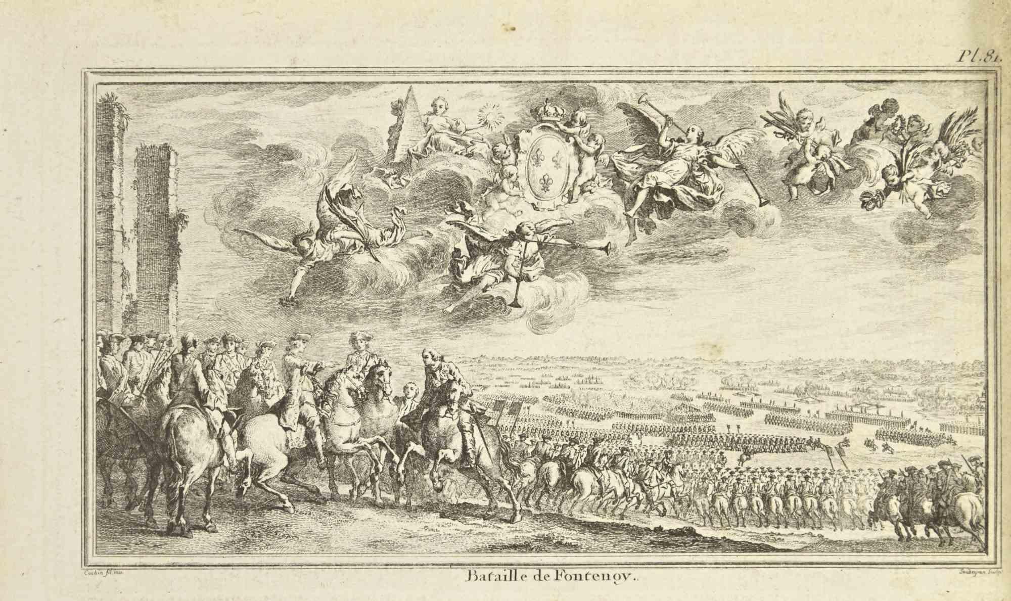 The Battle of Fontenoy is an etching realized by Nicholas Cochin in 1755.

Signed on the plate.

Good conditions with foxing.

The artwork is depicted through confident strokes.

The etching was realized for the anatomy study “JOMBERT,