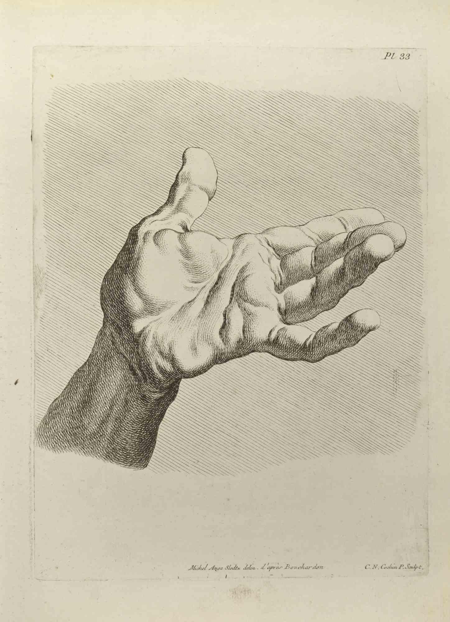 Die Studie der Hand nach Bouchardon ist eine Radierung von Nicholas Cochin aus dem Jahr 1755.

Signiert auf der Platte.

Gute Bedingungen.

Das Kunstwerk wird mit sicheren Strichen dargestellt.

Die Radierung wurde für die Anatomie-Studie "JOMBERT,