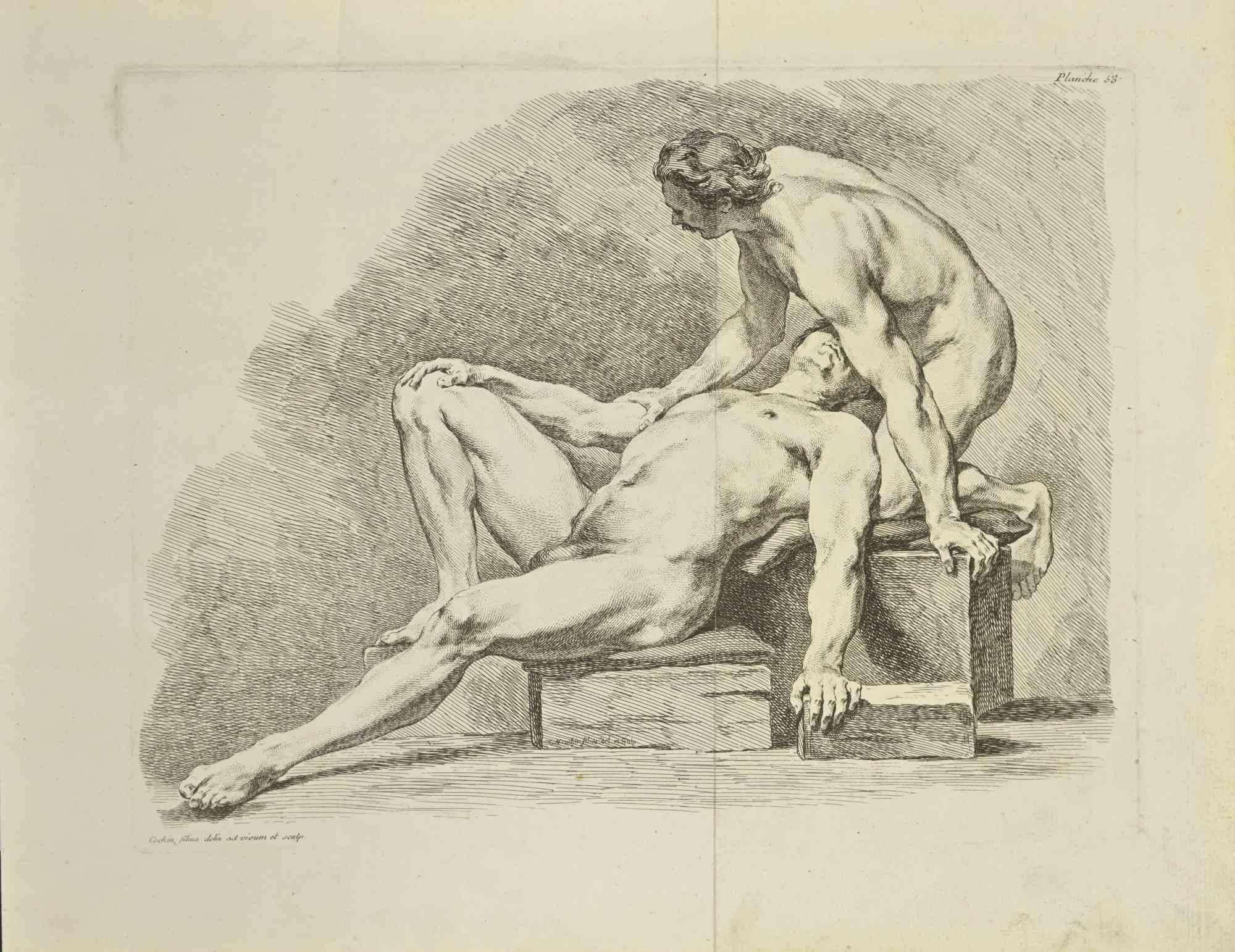 Zwei nackte Männer ist eine Radierung von Nicholas Cochin aus dem Jahr 1755.

Signiert auf der Platte.

Guter Zustand mit zentraler Faltung.

Das Kunstwerk wird mit sicheren Strichen dargestellt.