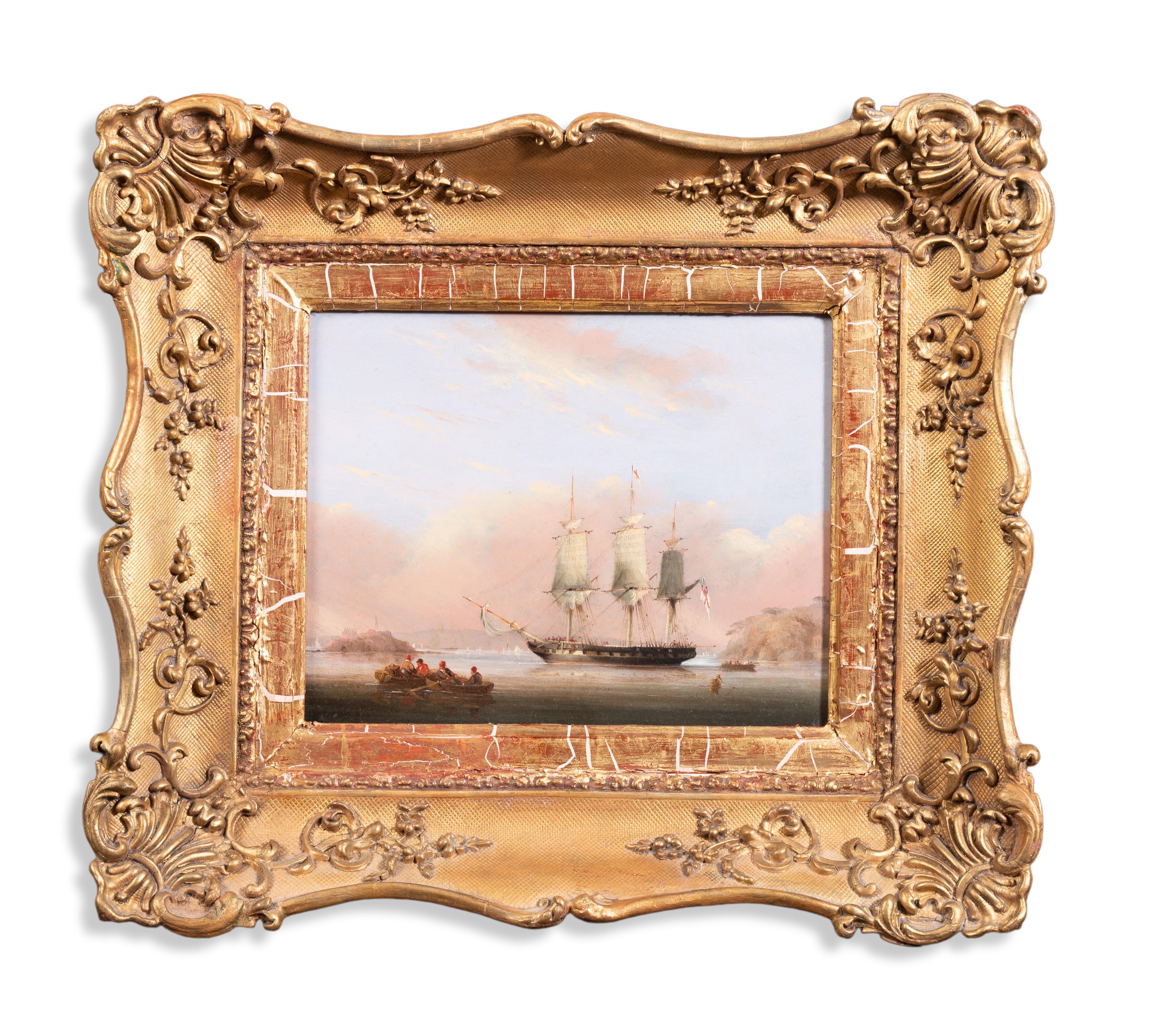 Nicholas Condy Landscape Painting – Eine Fregatte der Royal Navy des Weißen Geschwaders, Plymouth