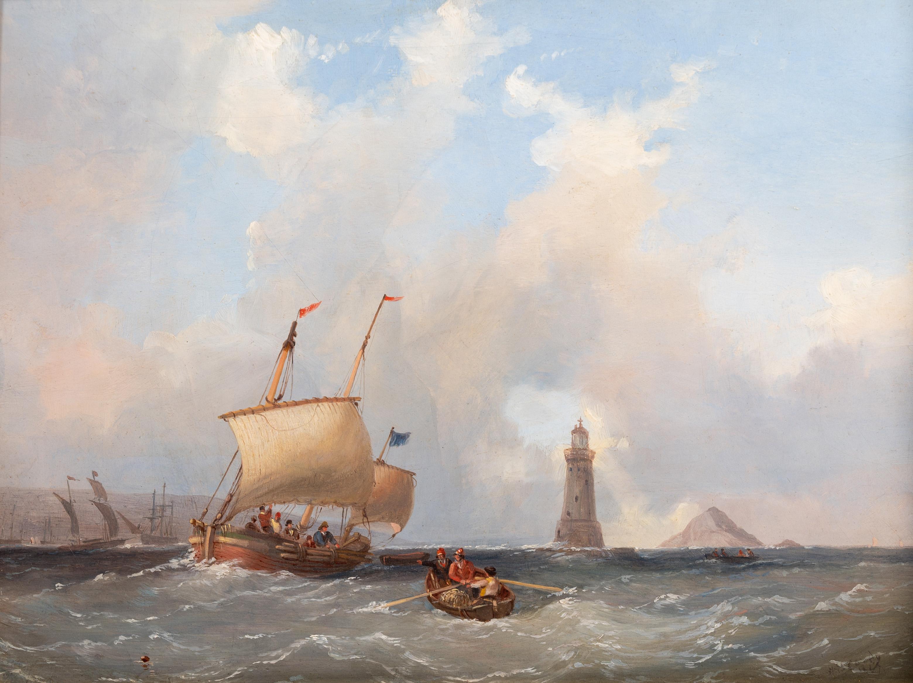 Shipping scene - Plymouth lighthouse and the cat-water - Painting by Nicholas Condy
