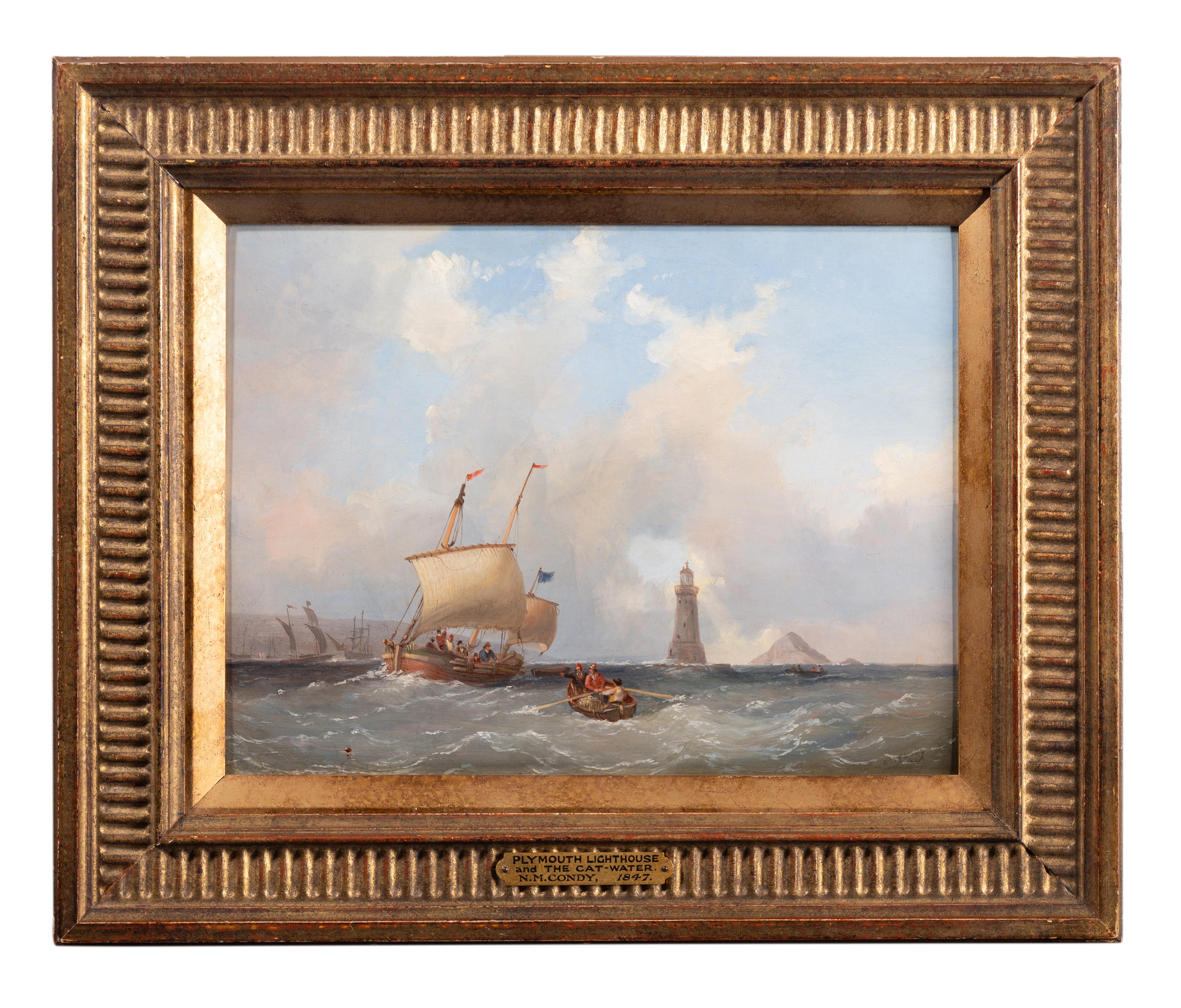 Nicholas Condy Landscape Painting - Shipping scene - Plymouth lighthouse and the cat-water