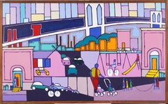 Antique Black American Modernist New York Street Scene Framed HUGE Oil Painting