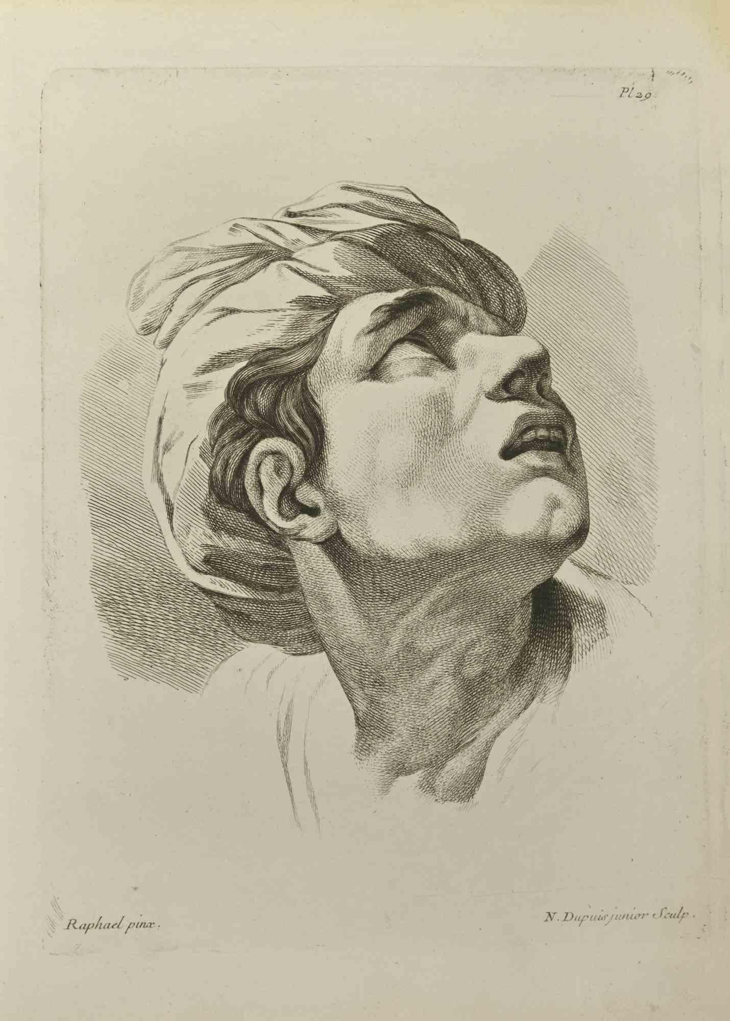 Das Porträt nach Raphael ist eine Radierung von N. Dupuis Junior aus dem Jahr 1755.

Gute Bedingungen.

In der Platte signiert.

Das Kunstwerk wird mit sicheren Strichen dargestellt.

Die Radierung wurde für die Anatomie-Studie "JOMBERT,