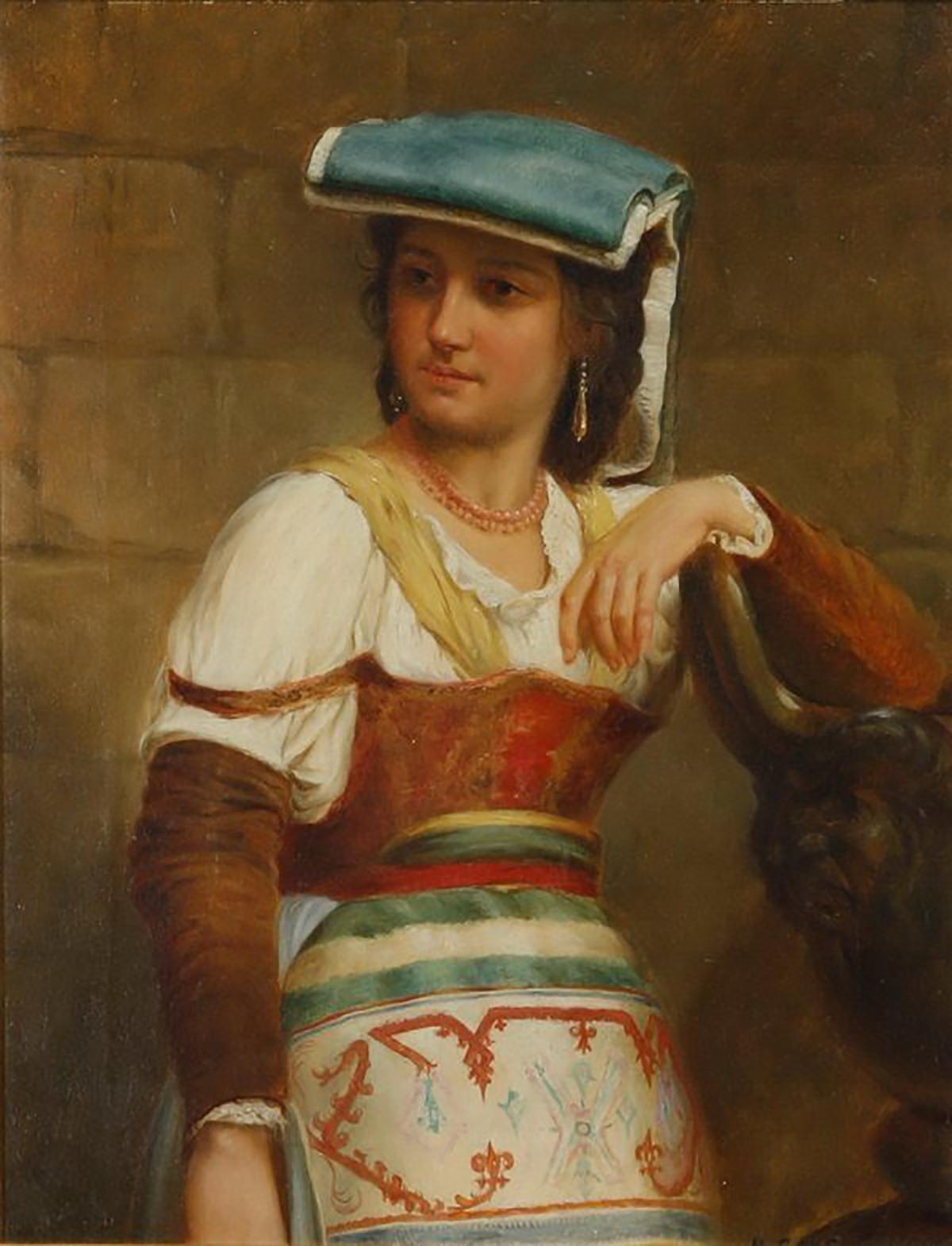 19th Century Portrait Oil Painting by famed and well listed French Artist Nicholas Edward Gabe (French, 1814–1865)  Oil on Canvas  Beautiful depiction of a peasant girl in native costume  Signed by the Artist in the lower right of canvas  Custom