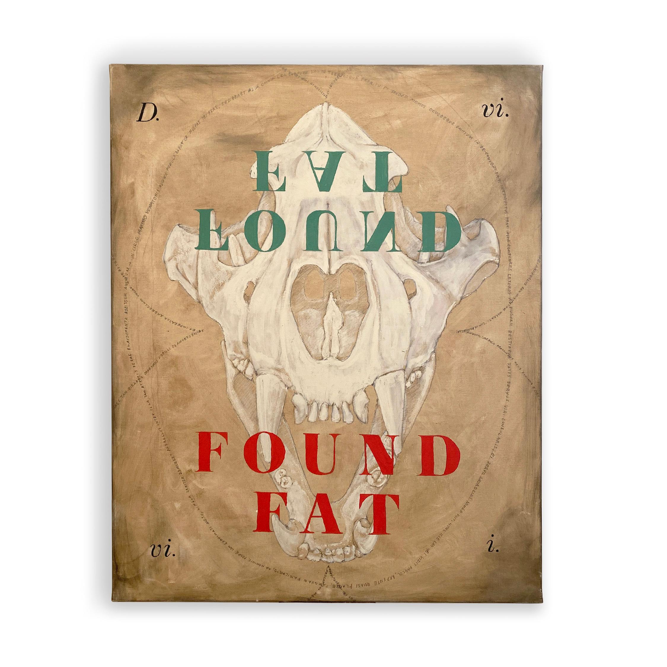„Found Fat“ (Abstrakt, Neutral, Totenkopf, Kühn, Grafik, Typ, Text, Rot, Grün) – Painting von Nicholas Evans