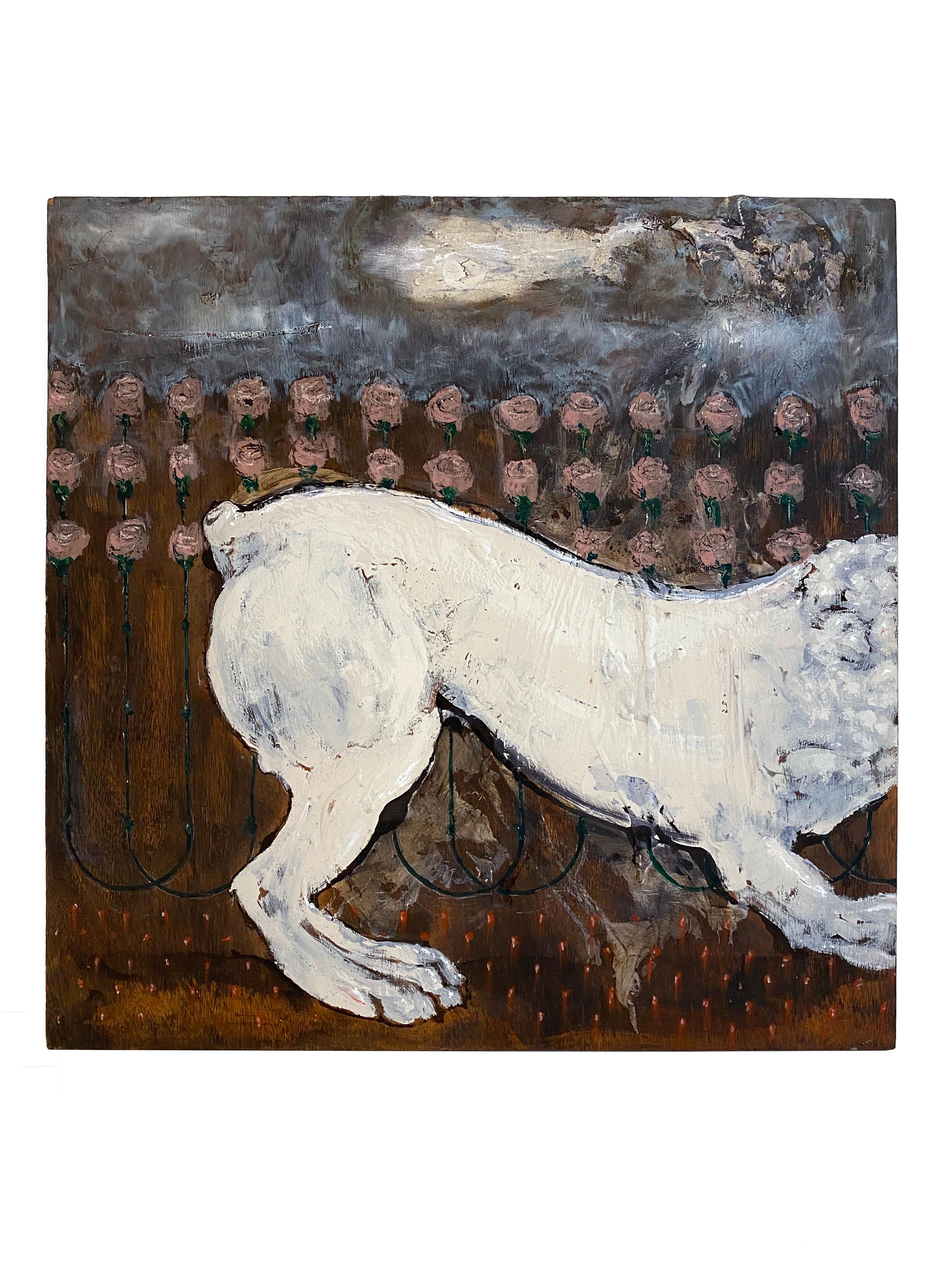 „A Lush Spring“ (Abstrakt, figurativer Löwe, reichhaltige Farbpalette, Gemälde auf Holz) – Painting von Nicholas Evans