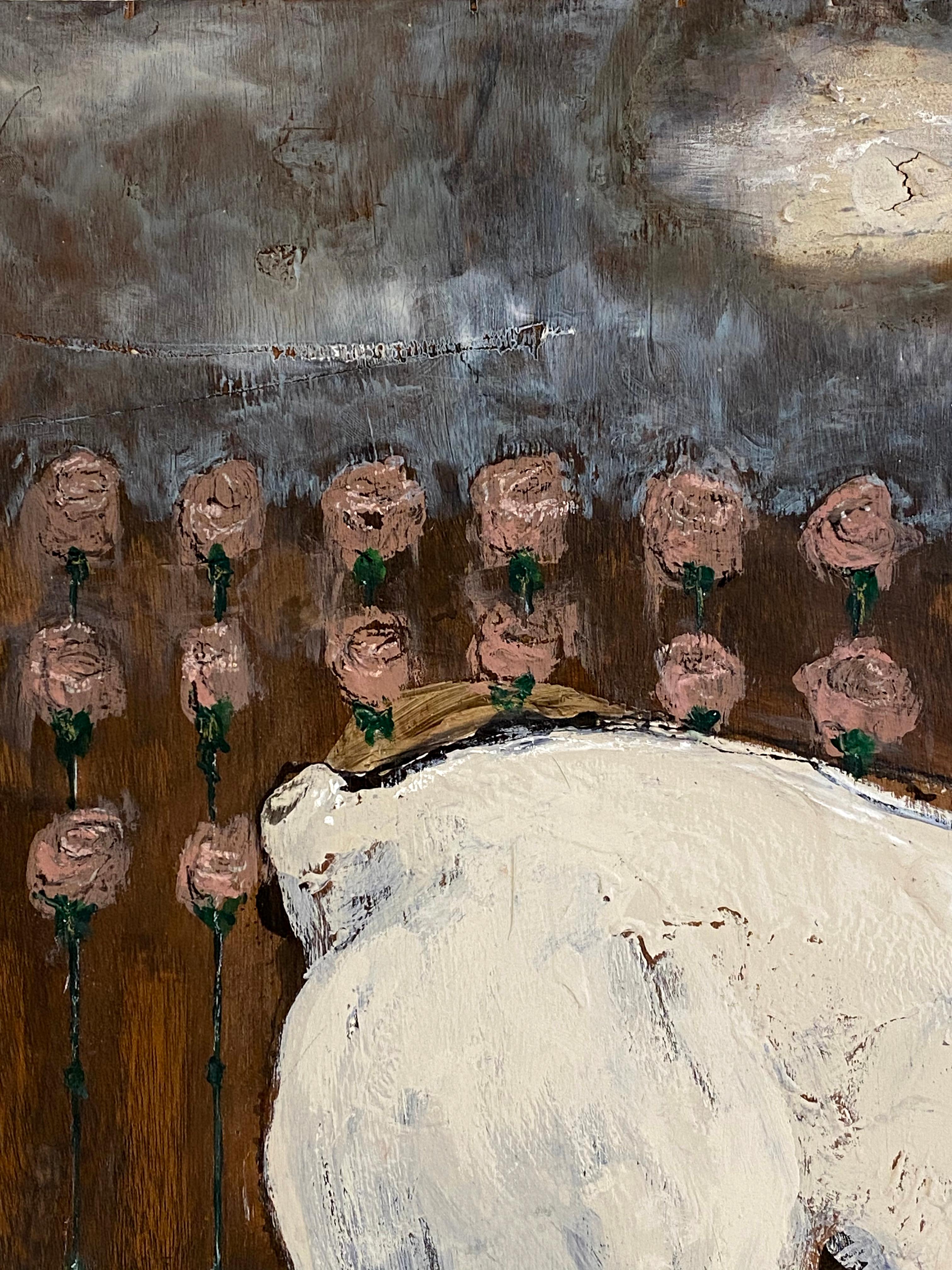 „A Lush Spring“ (Abstrakt, figurativer Löwe, reichhaltige Farbpalette, Gemälde auf Holz) (Braun), Abstract Painting, von Nicholas Evans