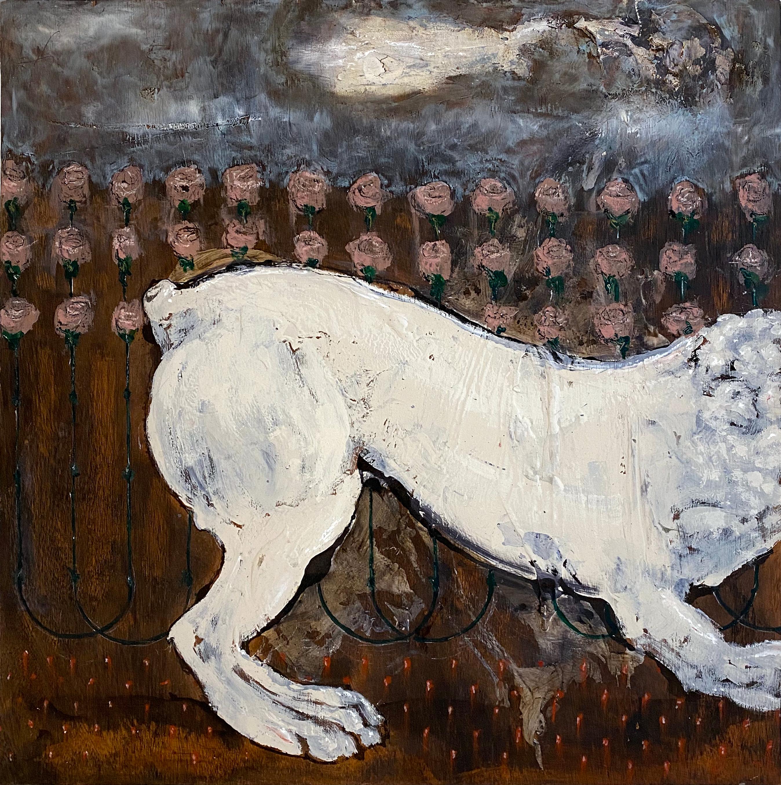 « A Lush Spring » (Un lion statuaire abstrait, palette de couleurs riches, peinture sur bois)
