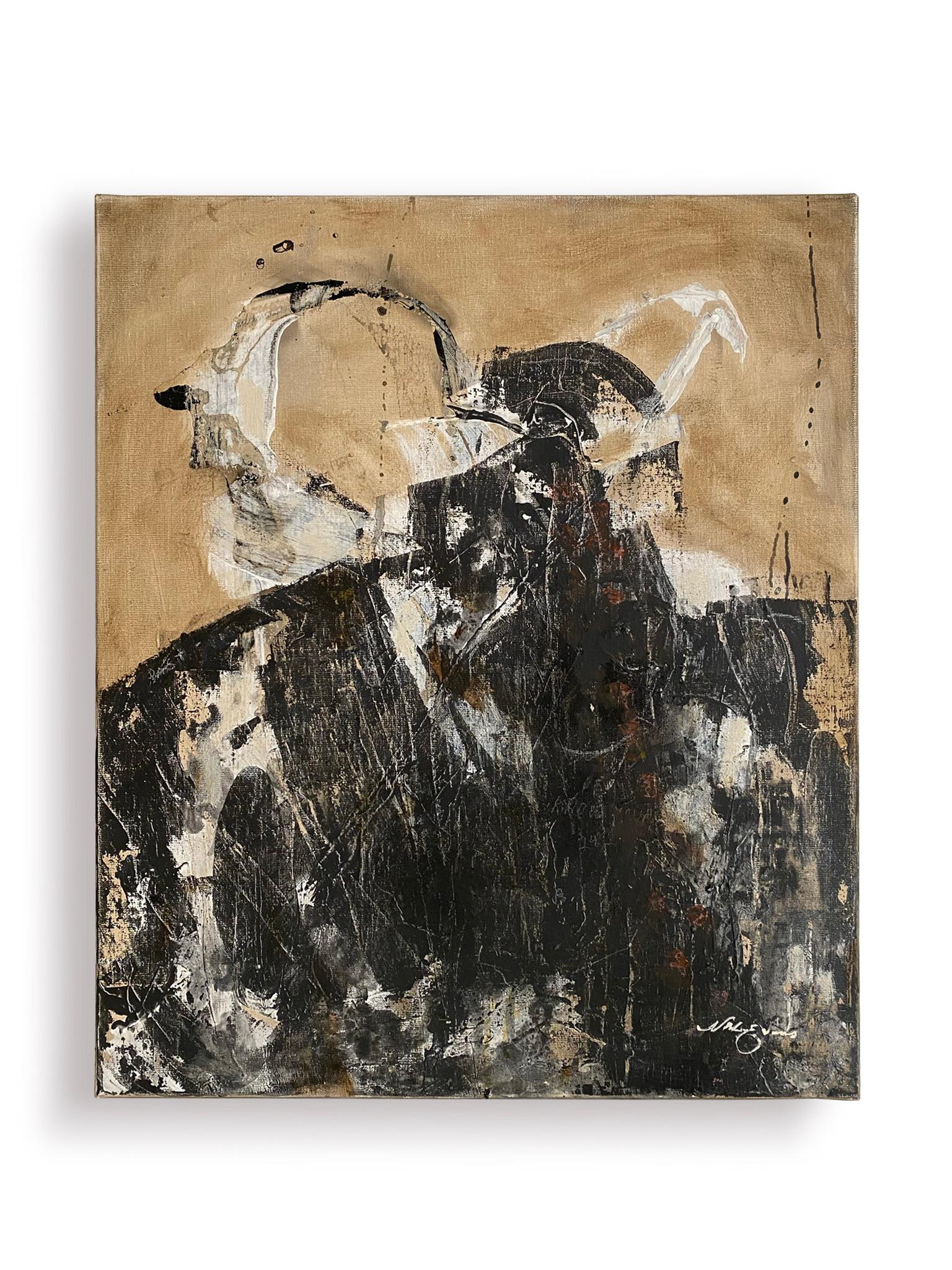 „Ein Urgent Man“ (Abstrakt, Schwarz-Weiß, figuratives Ölgemälde, Neutral-Ton) – Painting von Nicholas Evans