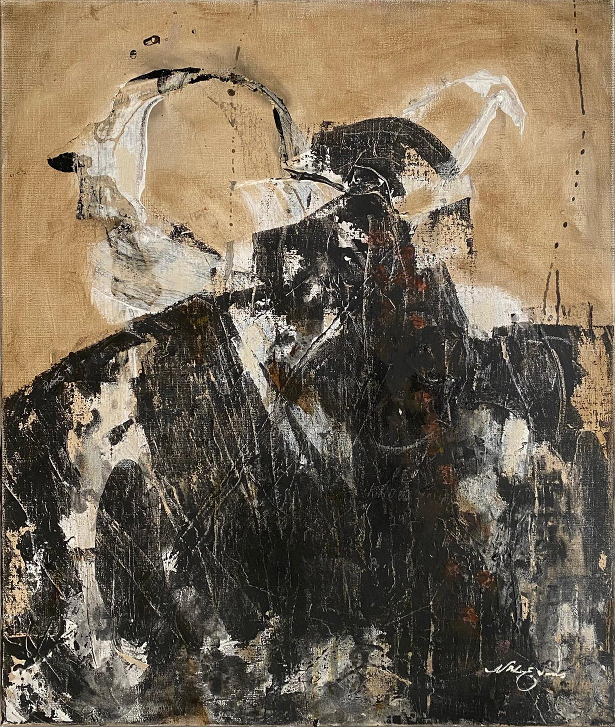 "Un homme urgent" (Abstrait, noir et blanc, peinture à l'huile figurative, tons neutres)