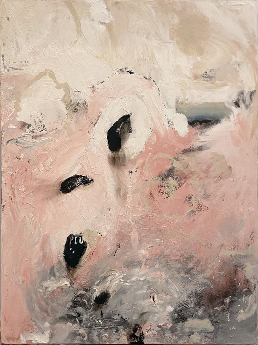 Nicholas Evans Abstract Painting - "Blind Blush" (Abstract, Pink, Black and White Painting on Canvas, 65 x 50cm)