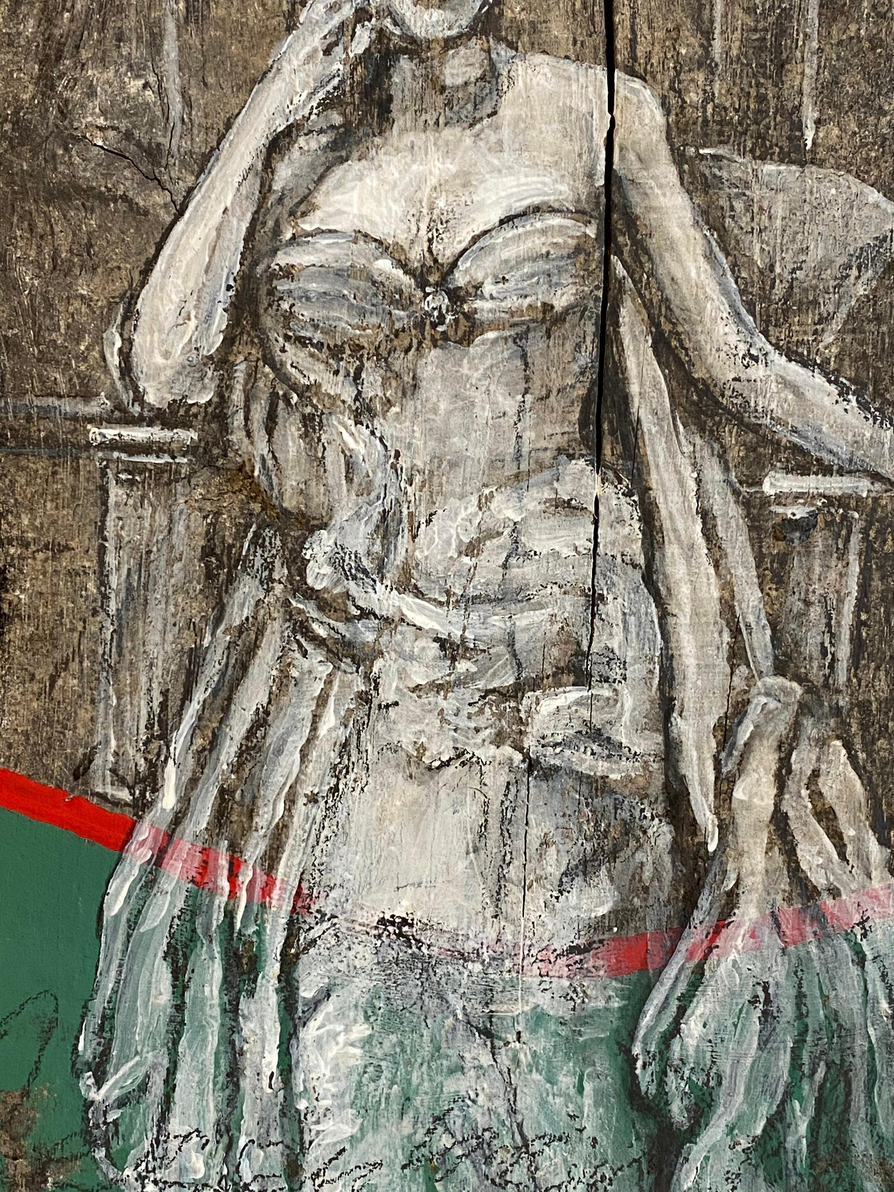 DELIGHTED
2020
Paris, France

Ghosted portrait of woman in chalk on antique wood.  Wood itself has a lot of character, with a beautiful, grey patina. Top of piece is left raw, and the bottom half is painted in a vibrant green and red accent stripe.