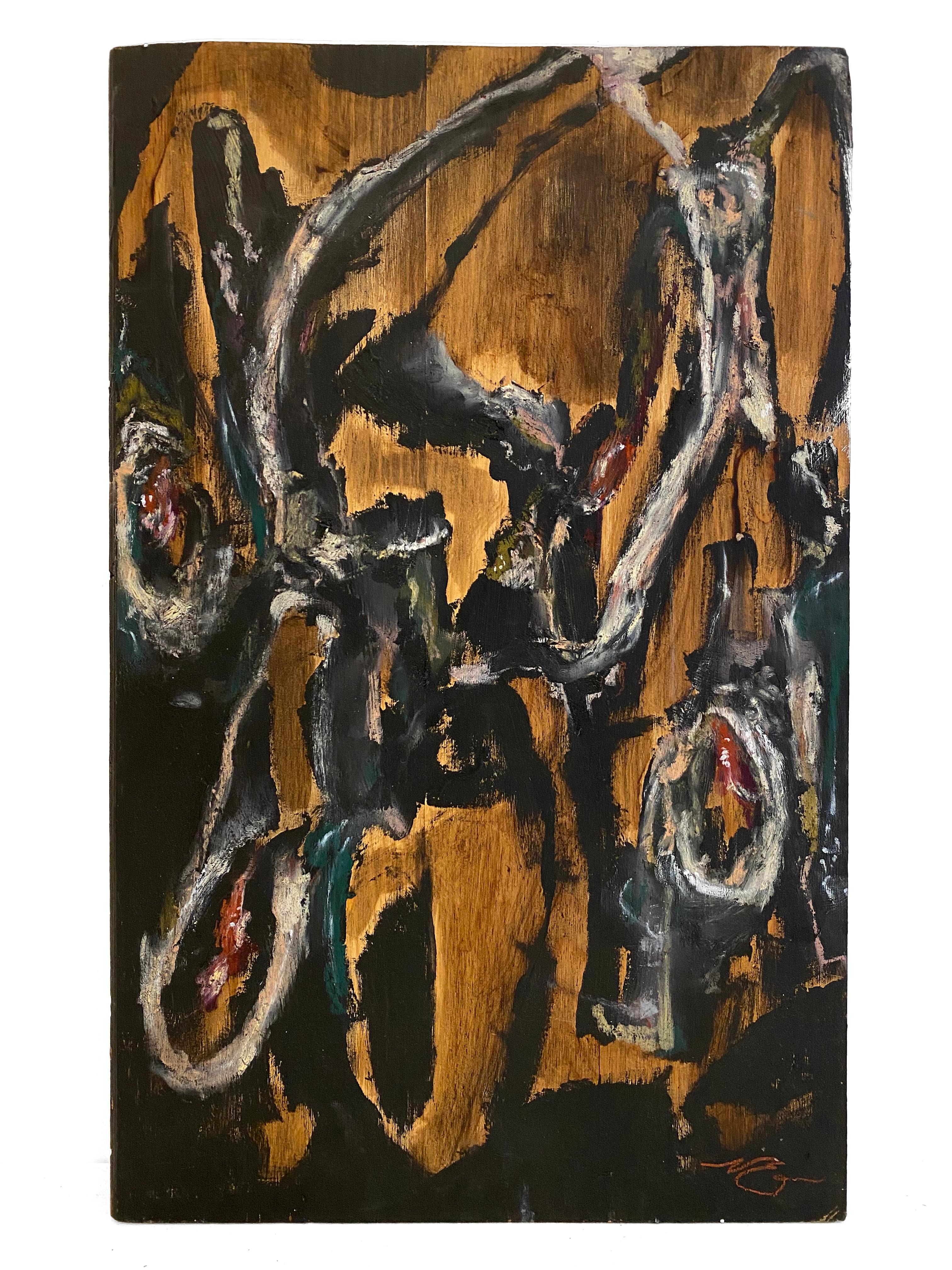 „Four Harpoons“ (Abstraktes, kühnes, neutrales, schwarzes Gemälde auf Holz; 50cm x 30cm) – Painting von Nicholas Evans