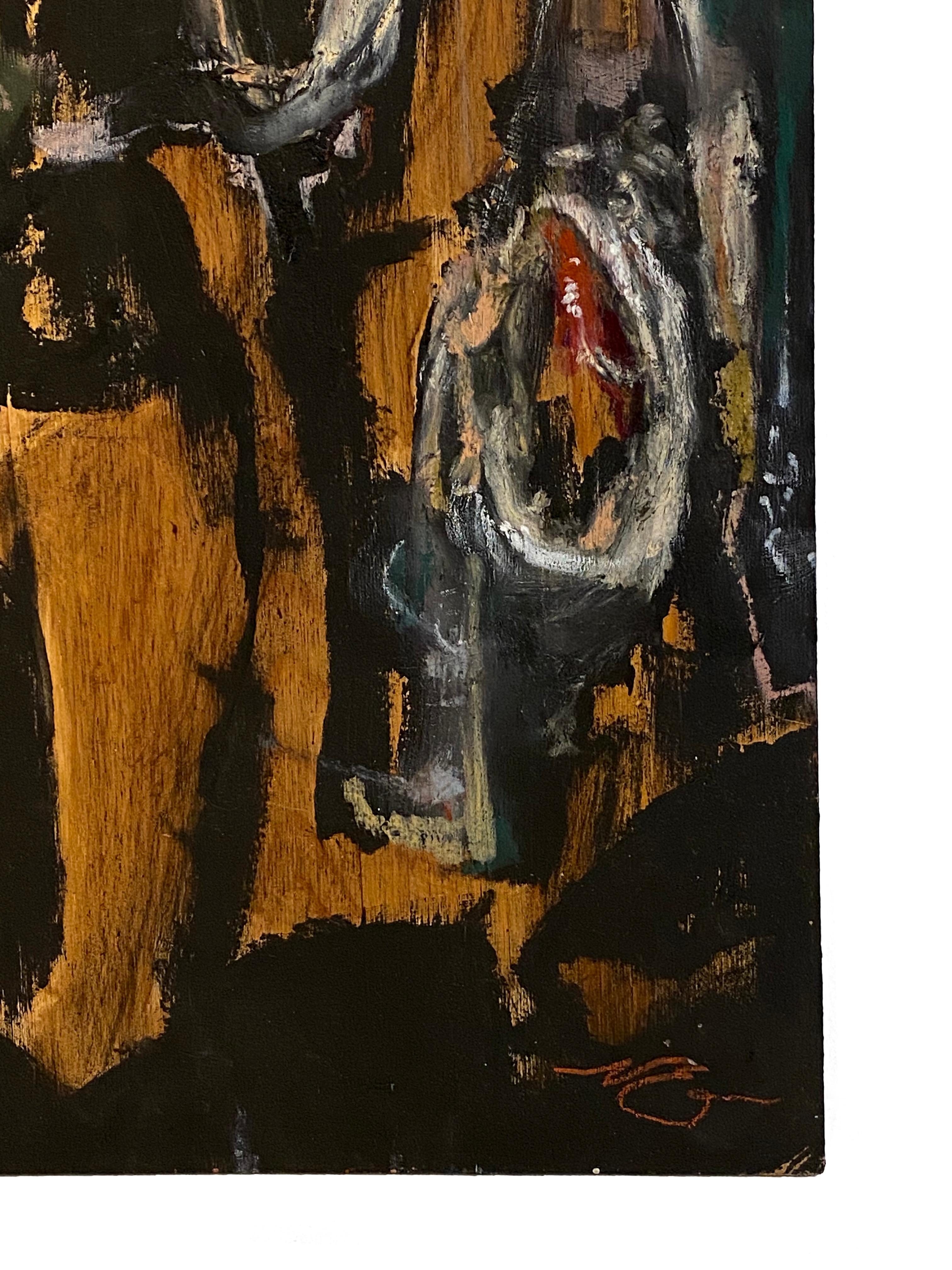 „Four Harpoons“ (Abstraktes, kühnes, neutrales, schwarzes Gemälde auf Holz; 50cm x 30cm) (Schwarz), Abstract Painting, von Nicholas Evans
