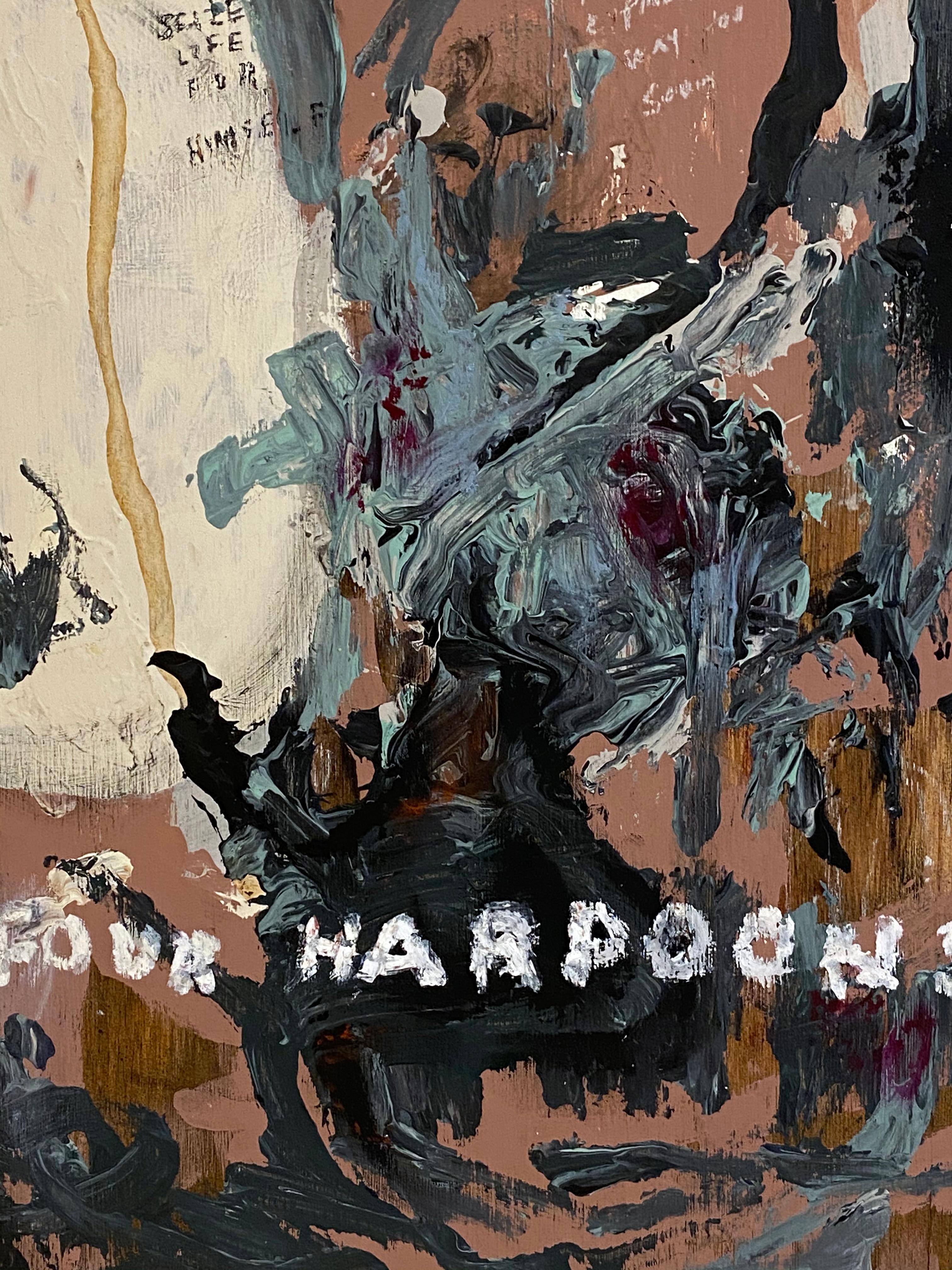 „Four Harpoons“ (Abstraktes, kühnes, neutrales, schwarzes Gemälde auf Holz; 50cm x 30cm) im Angebot 4