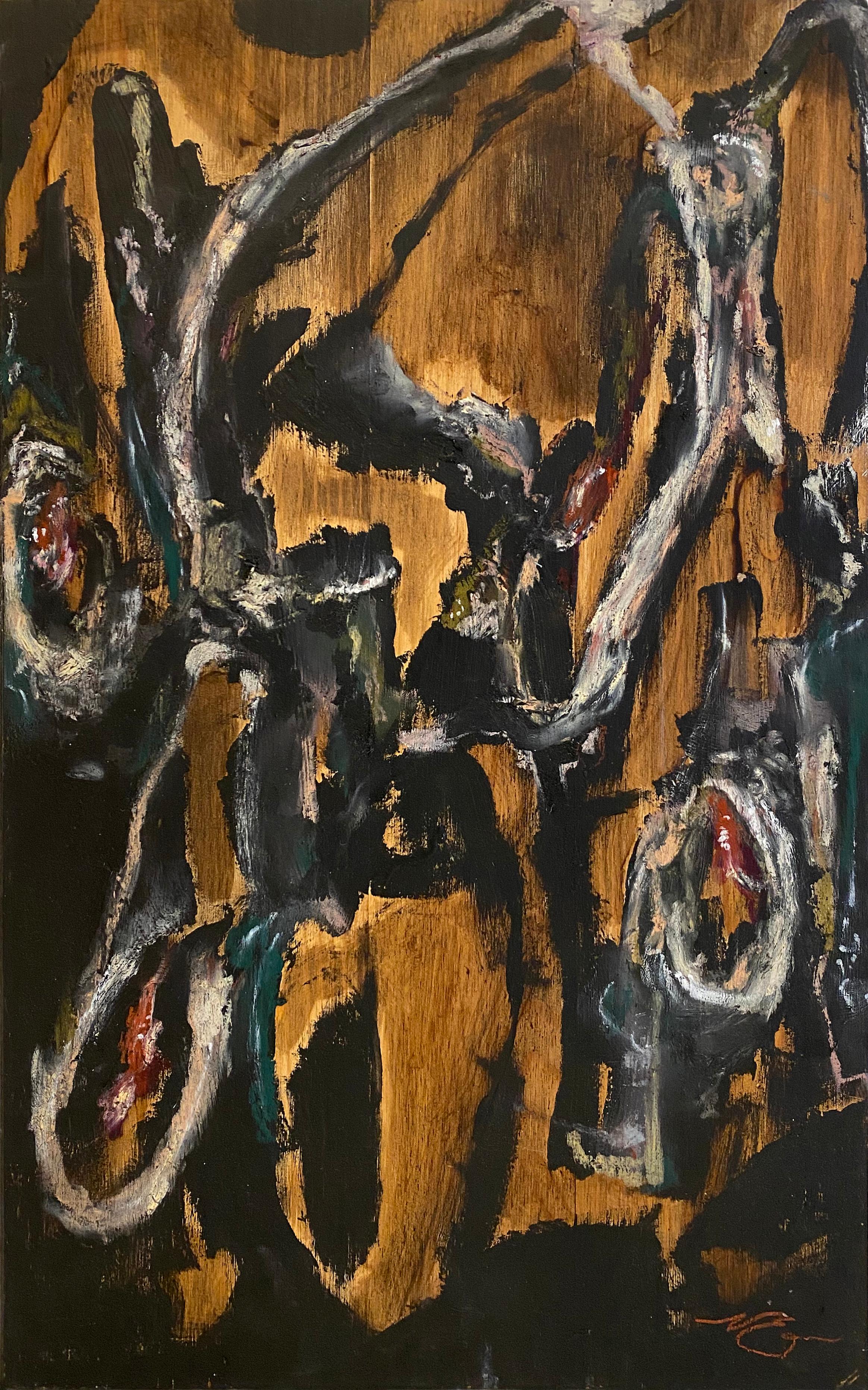 Abstract Painting di Nicholas Evans - "Quattro arpioni" (Pittura astratta, audace, neutra, nera su Wood; 50 cm x 30 cm)