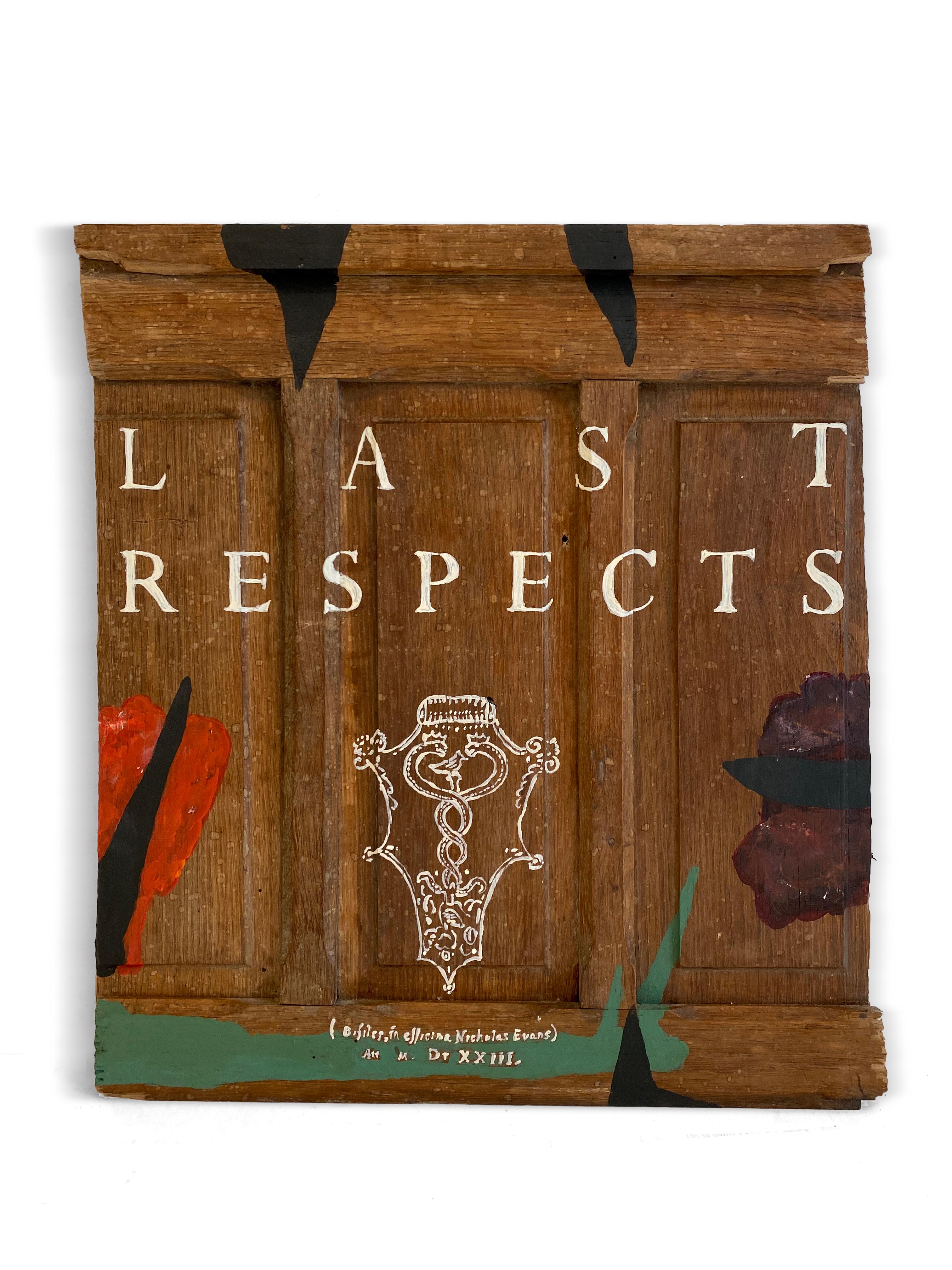 « Les derniers respects » (abstraite, graphique, texte, type, durable, porte en bois ancien) - Painting de Nicholas Evans