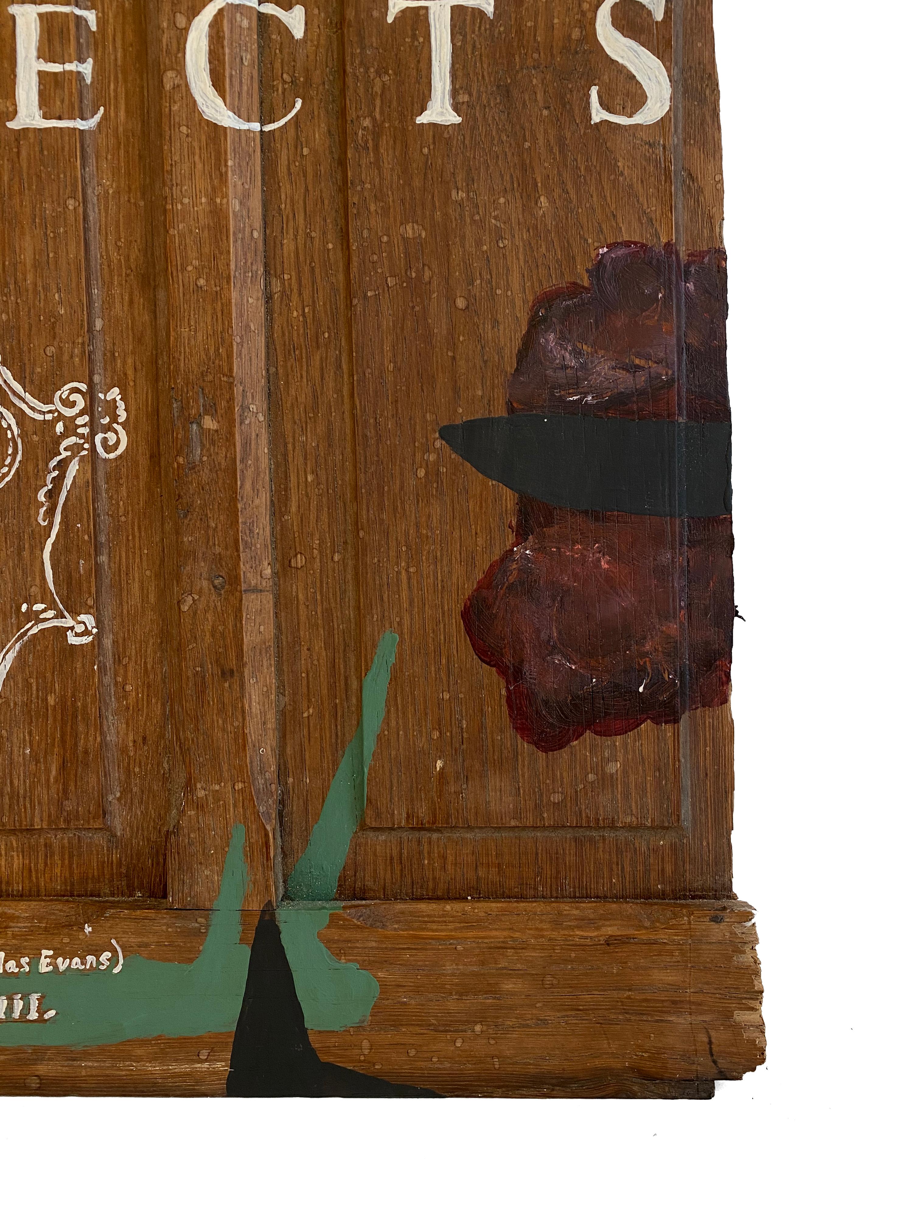 « Les derniers respects » (abstraite, graphique, texte, type, durable, porte en bois ancien) en vente 2