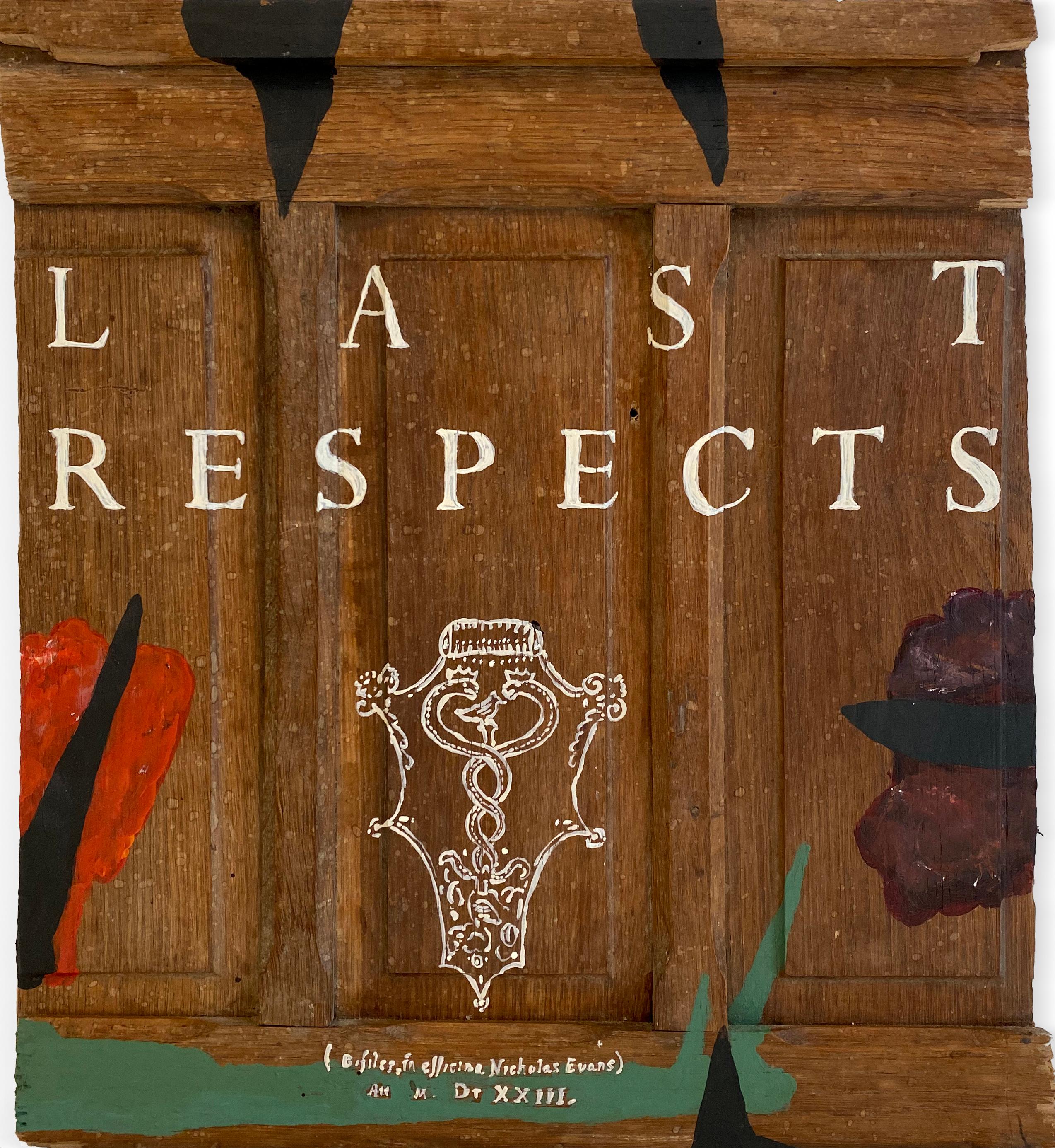 Nicholas Evans Abstract Painting - "Last Respects" (Abstract, Graphic, Text, Type, Sustainable, Antique Wood Door)