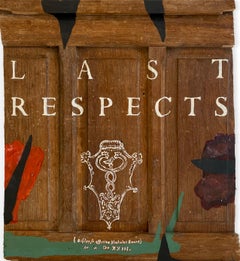 "Last Respects" (Abstract Graphic Type Painted on Antique Wood Door, 44, 75x41cm)