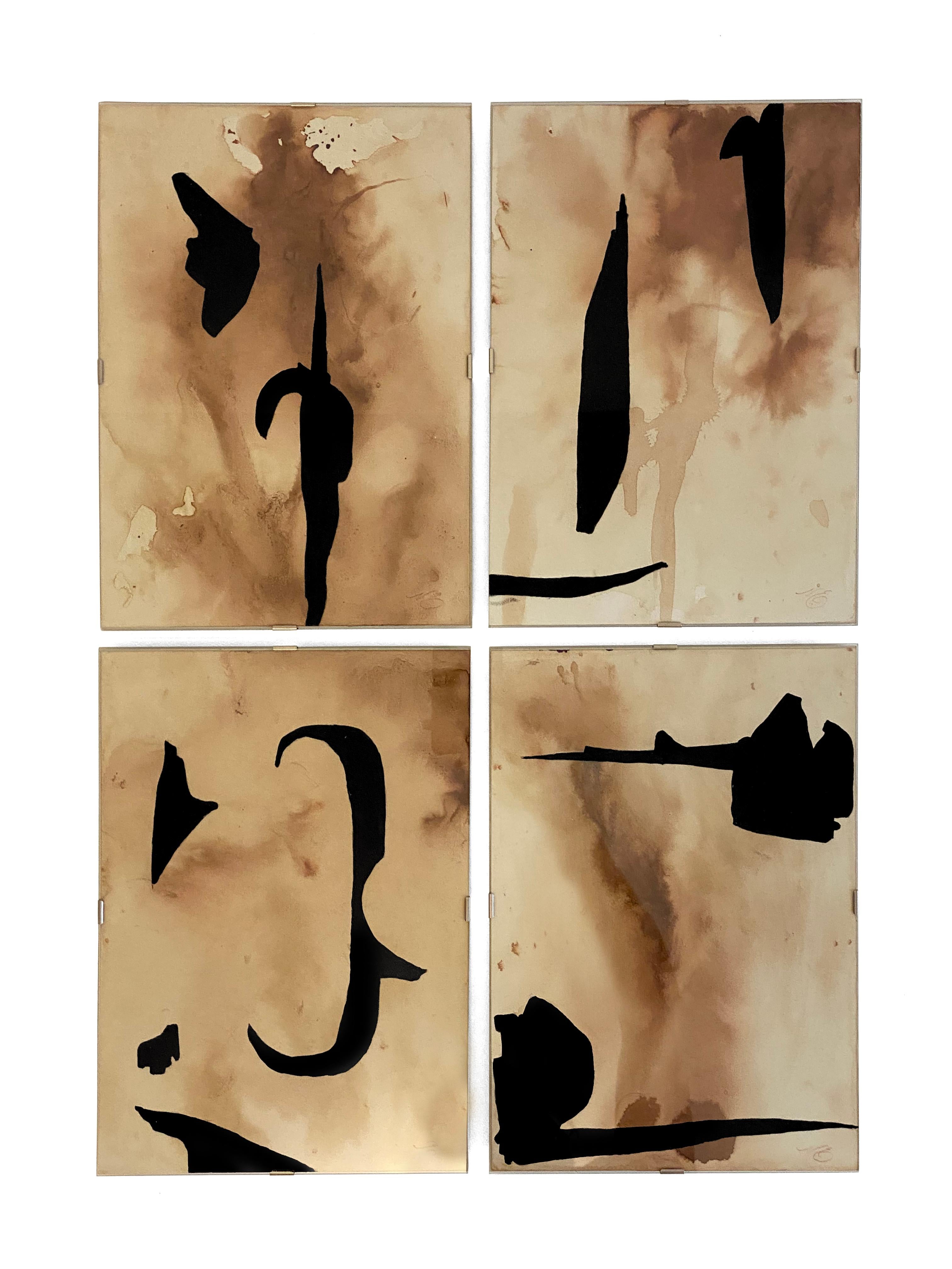 „Pierced“ (Four Abstract, Bold, Dye and Black Paintings on Stained Papier, Glass) (Braun), Abstract Painting, von Nicholas Evans