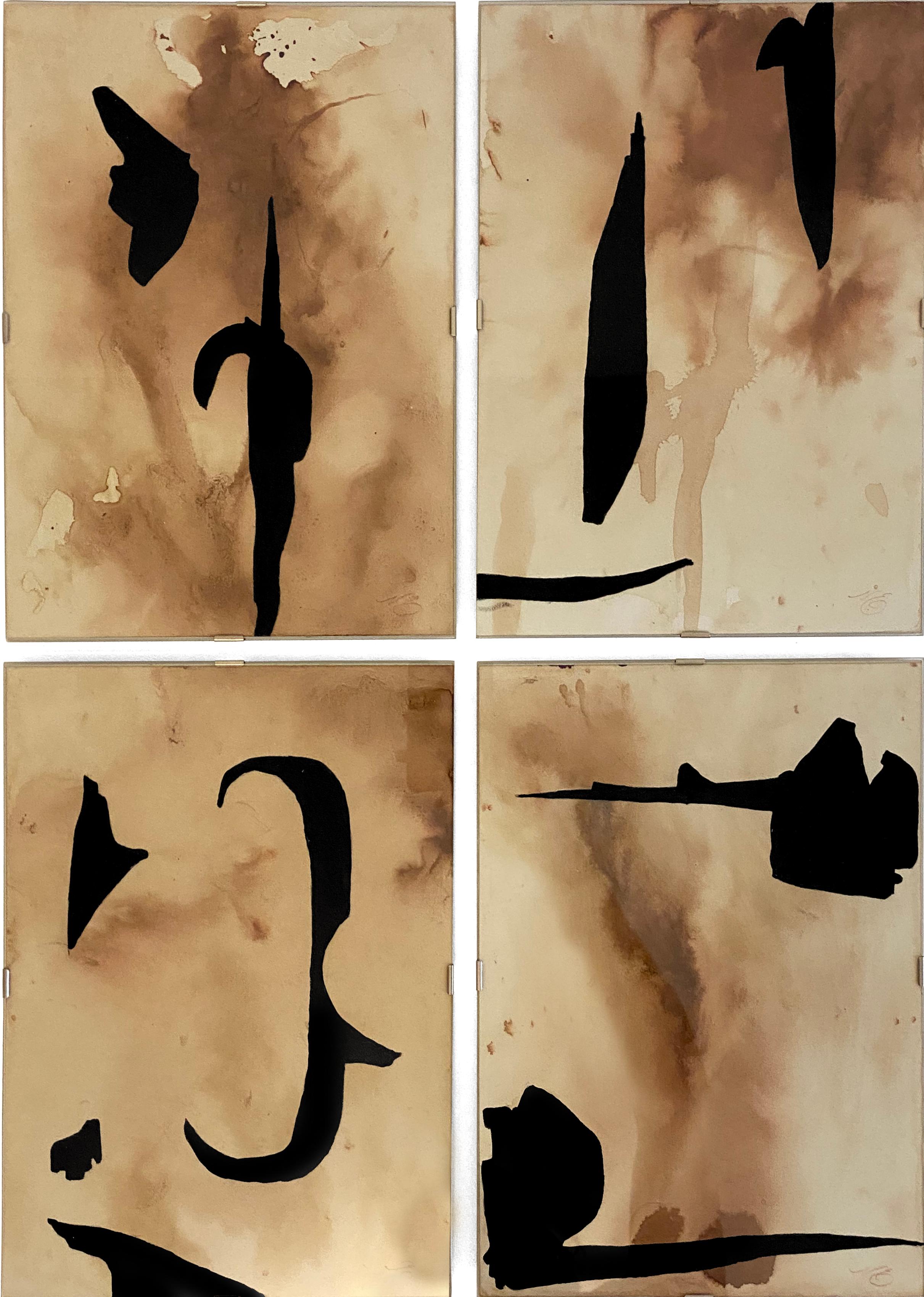 „Pierced“ (Four Abstract, Bold, Dye and Black Paintings on Stained Papier, Glass)