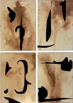 "Pierced" (Four Abstract, Bold, Dye and Black Paintings on Stained Paper, Glass)