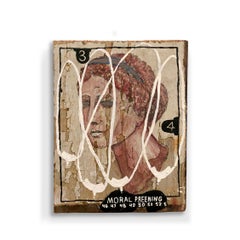 "Preening" (Abstract Figure Painting Portrait on Antique Wood, 28, 5 x 22, 75cm)