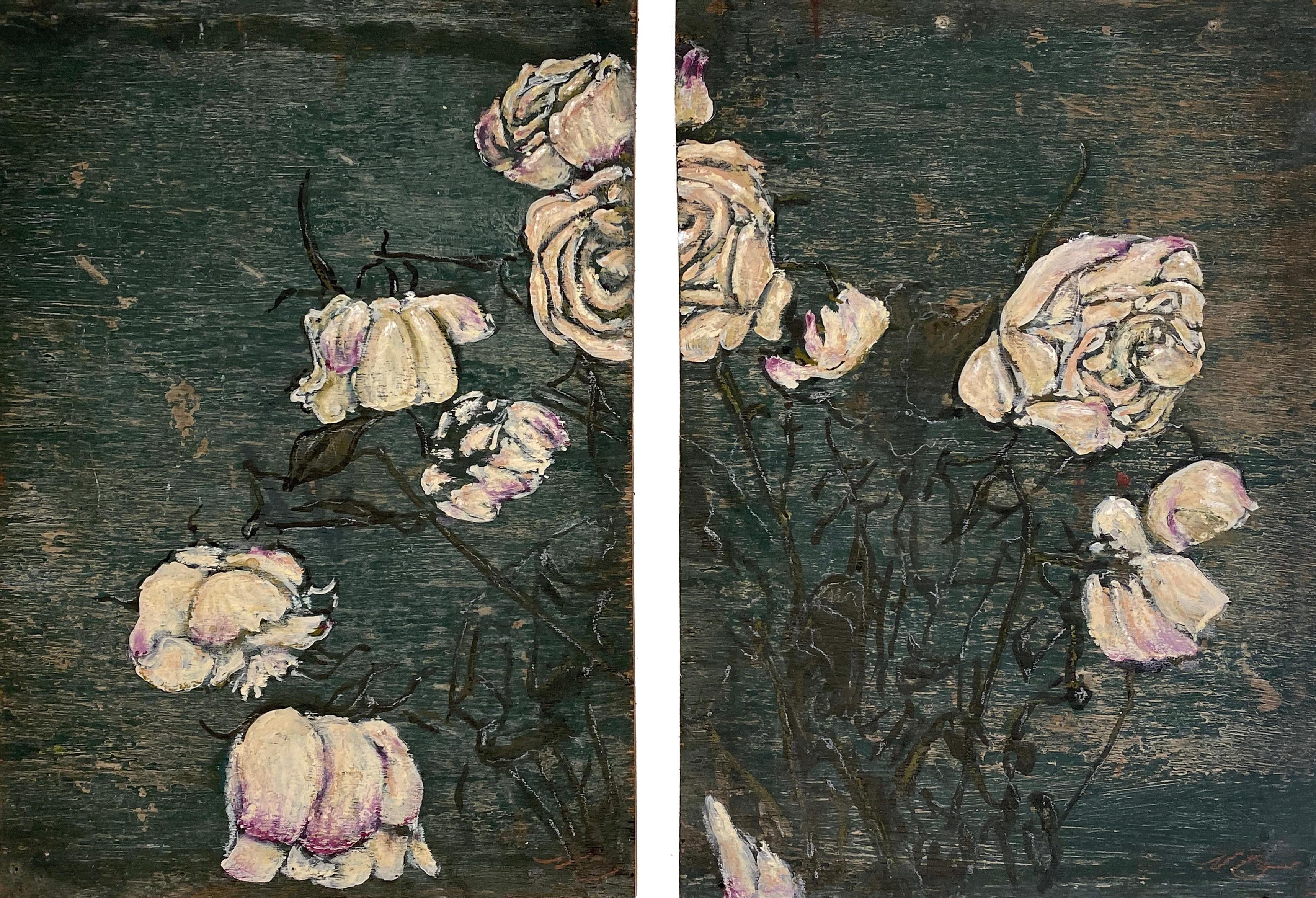 Nicholas Evans Abstract Painting - "Rock Rose" (Pair: Abstract, Bold, Floral Rose Paintings on Green, Patina Board)