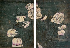 "Rock Rose" (Pair: Abstract, Bold, Floral Rose Paintings on Green, Patina Board)