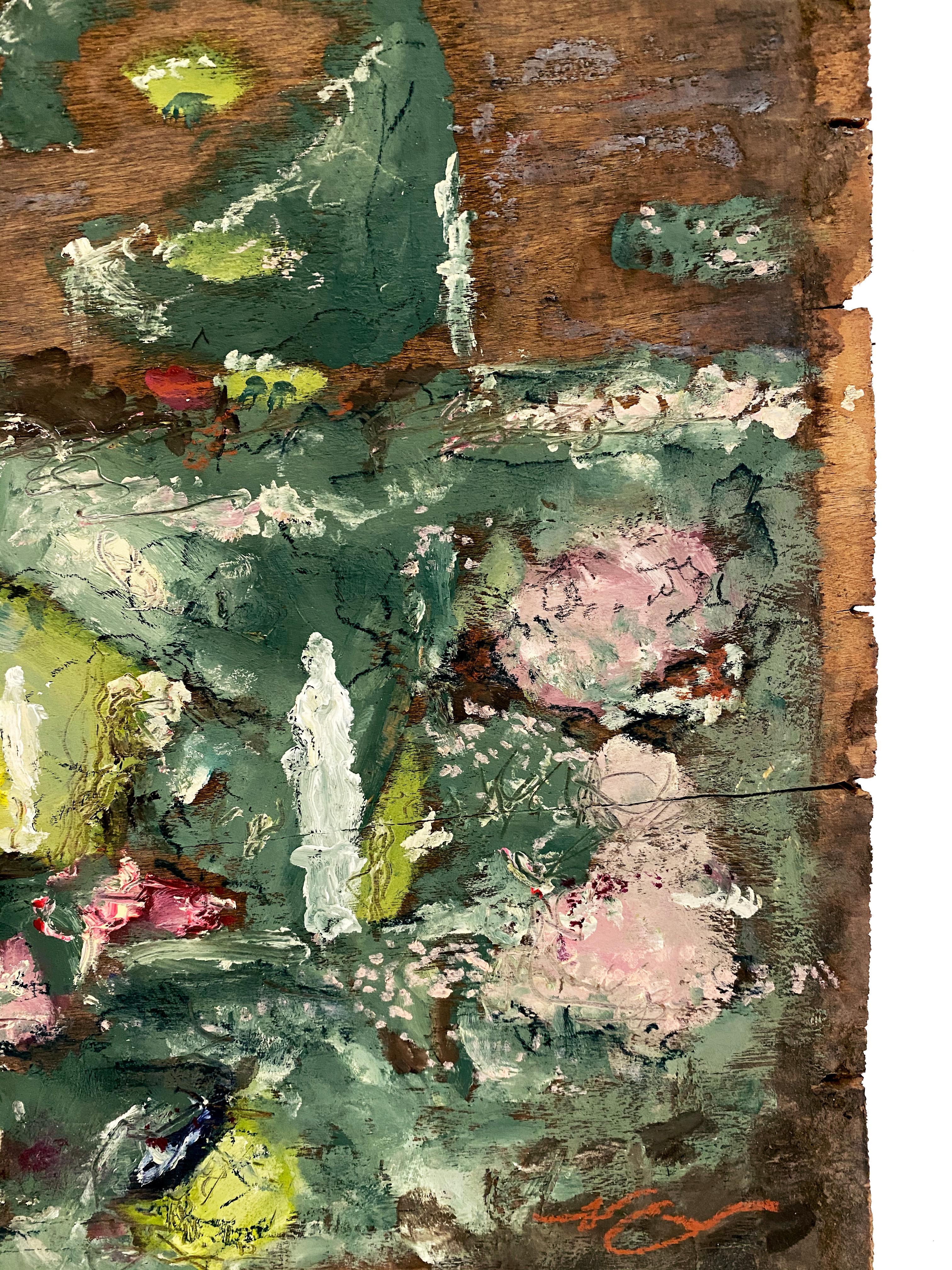 SCENTS HANG HEAVY HERE
2021
Paris, France

Abstractly painted, lush garden on antique with subtle purple and white floral details. Beautiful movement through texture and color. Intentionally embracing uniqueness of reclaimed objects, Evans uses