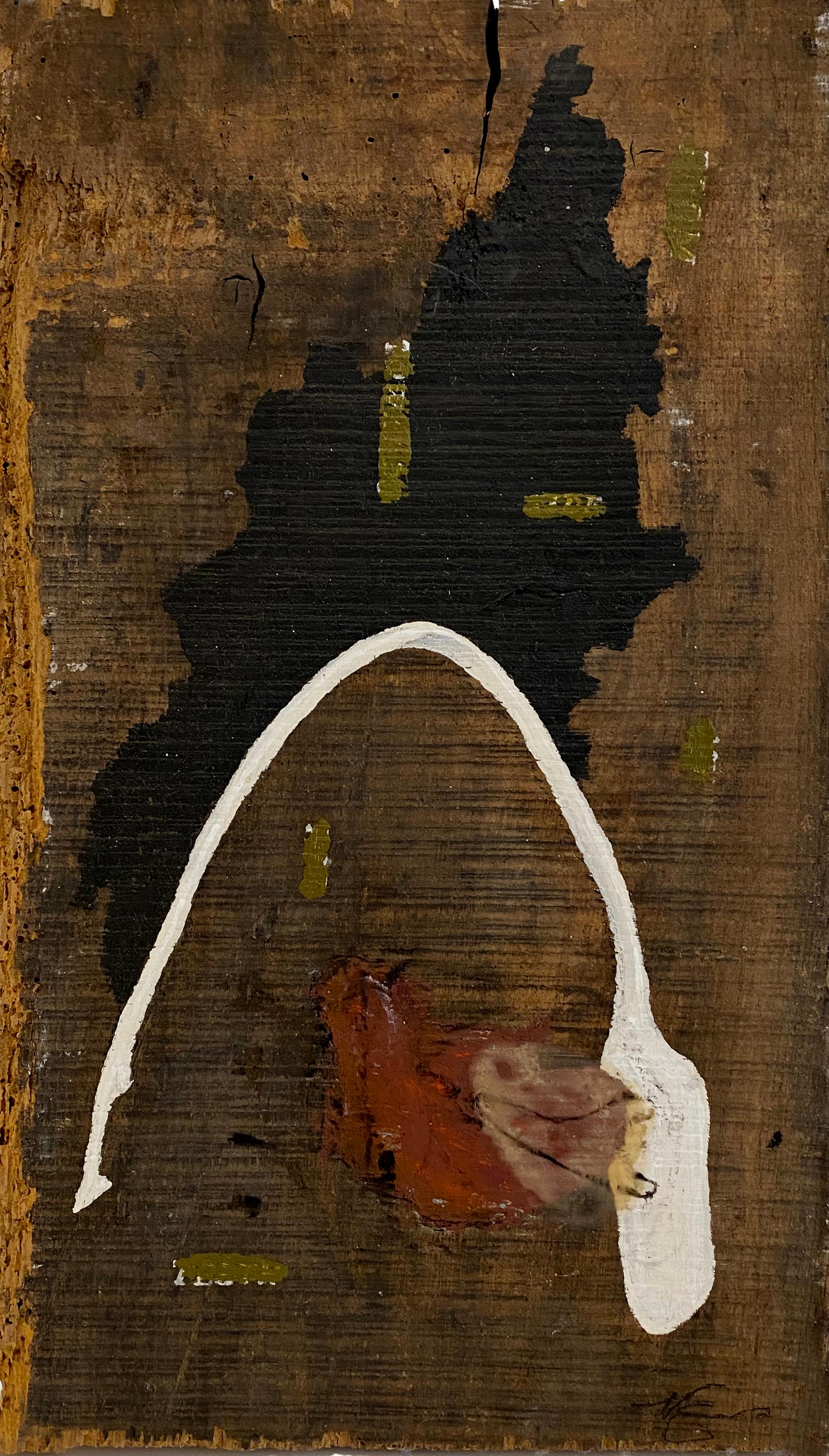 Nicholas Evans Abstract Painting - "Tooth to Rib" (Abstract, Bold, Graphic Painting on Antique Wood)