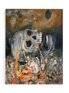 "Auspice" (Abstract, Colorful, Textured Skull Painting on Antique Wood, 65x50cm)