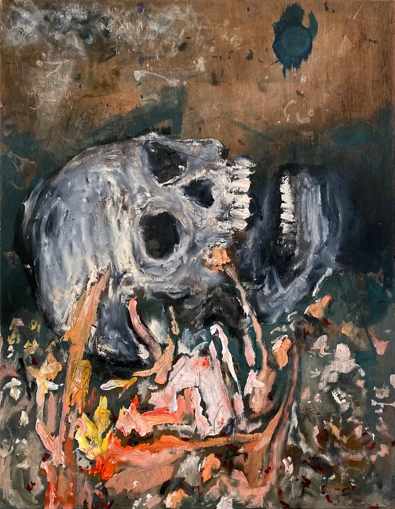 "Auspice" (peinture de crâne abstrait, colorée et texturée sur bois ancien, 65 x 50 cm)