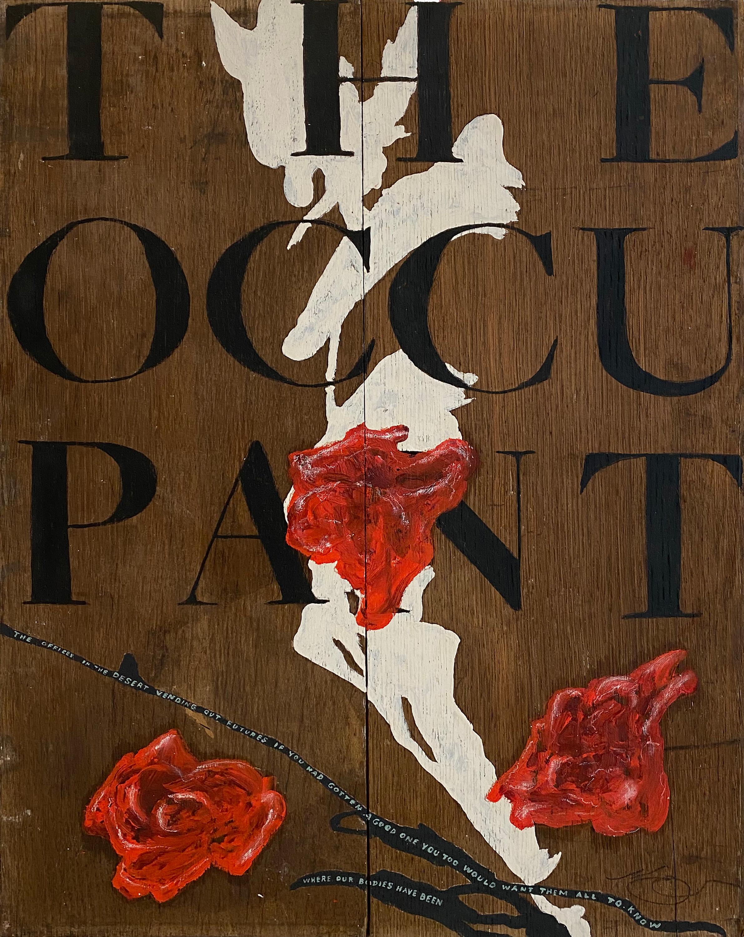 Nicholas Evans Abstract Painting - "The Occupant" (Abstract, Black & White, Red, Bold, Floral, Text, Type, Roses)
