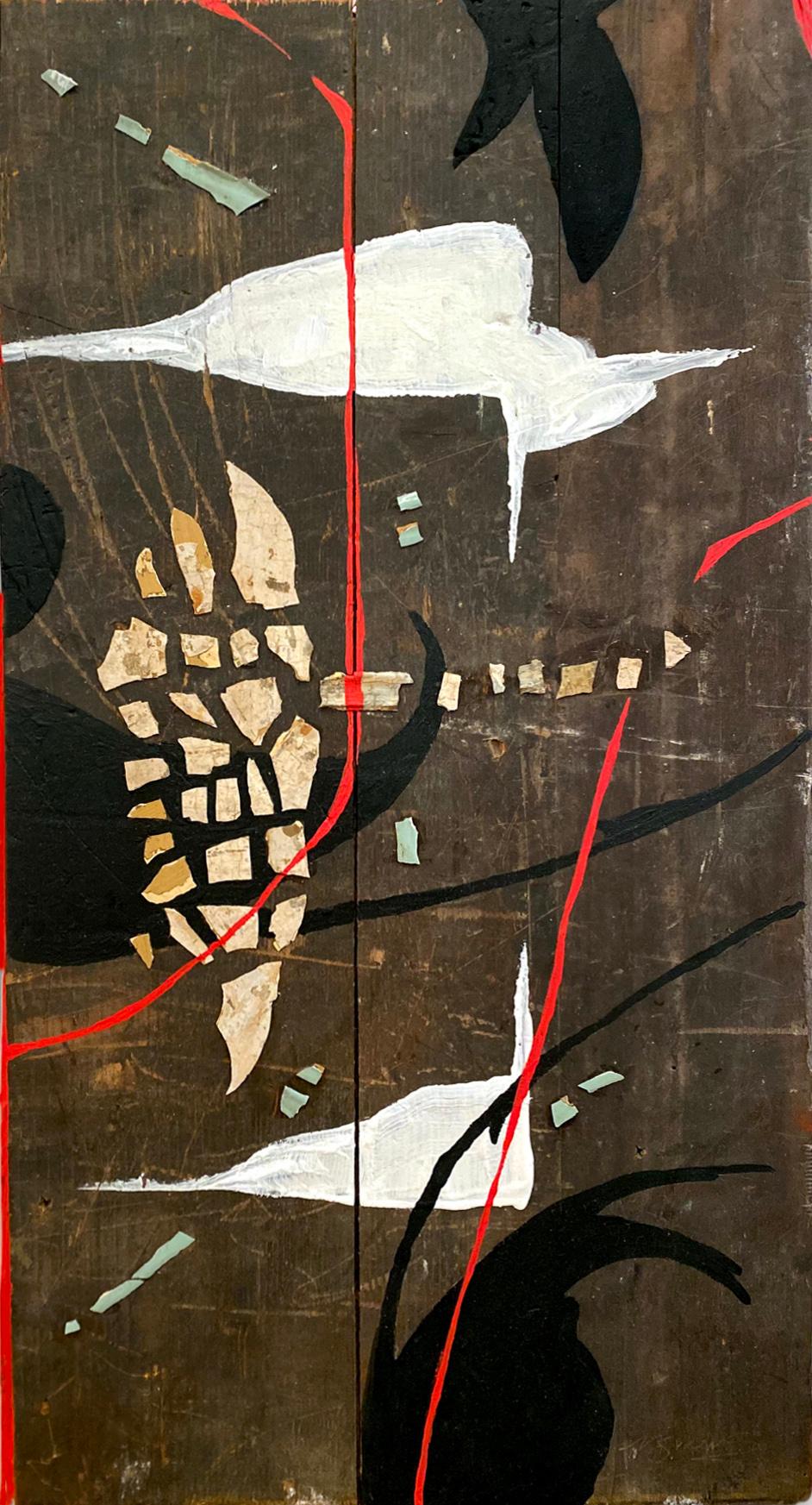 Abstract Painting Nicholas Evans - "Traces Of" ( Peinture et collage abstraite, audacieuse, sur bois ancien, 50 x 26,5 cm)