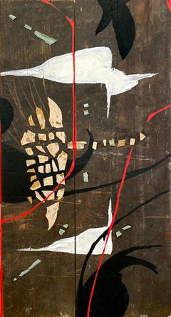 "Traces Of" ( Peinture et collage abstraite, audacieuse, sur bois ancien, 50 x 26,5 cm)