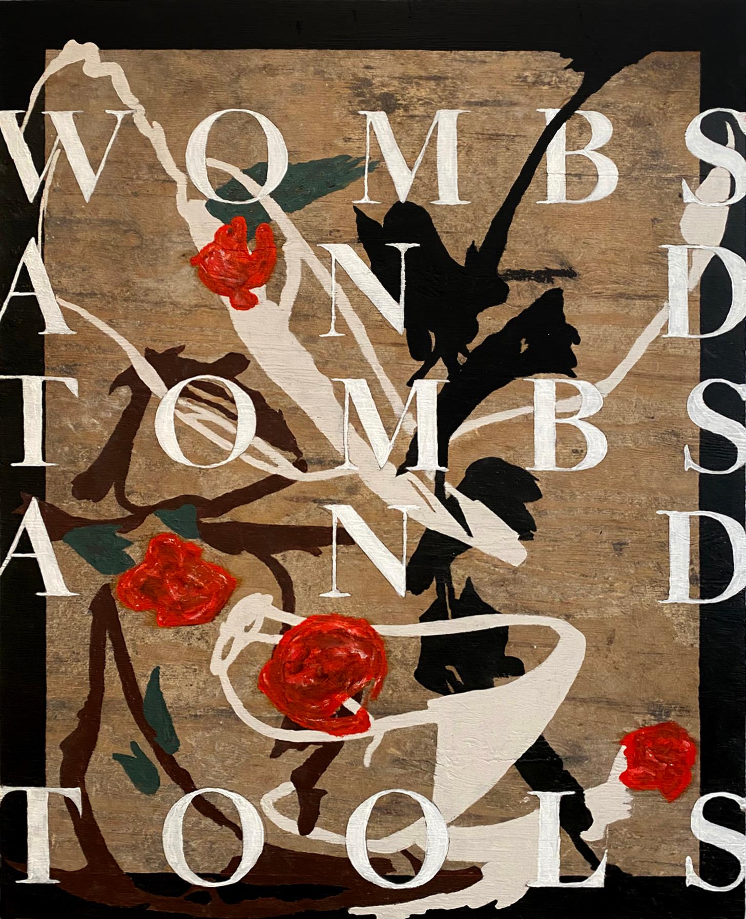 "Grembi, tombe, attrezzi" (Pittura astratta, Grassetto, Grafica, Tipo, Testo, Wood trovato)