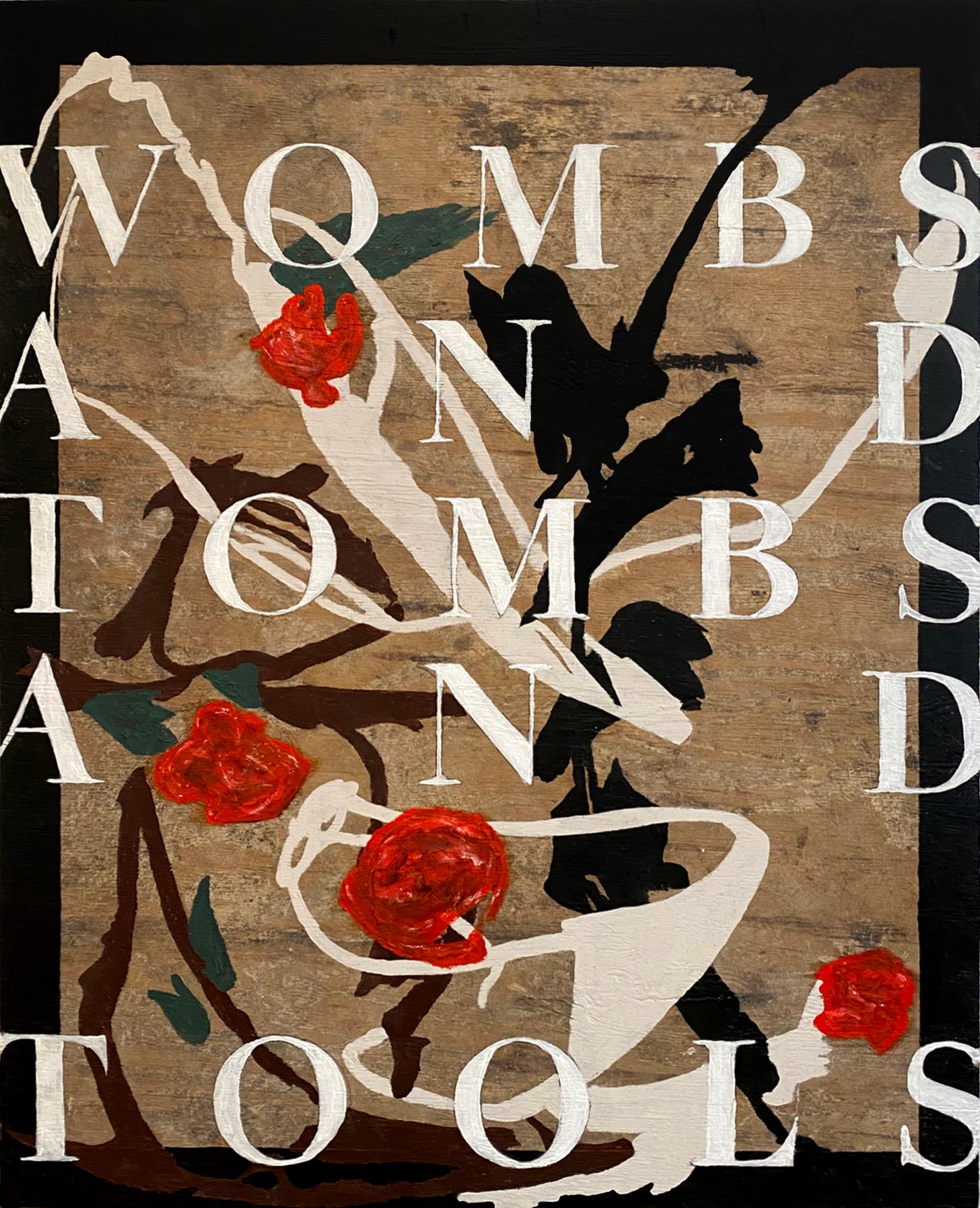 "Wombs, Tombs, Tools" (peinture abstraite, gras, graphique, type, texte, Wood Wood trouvé)